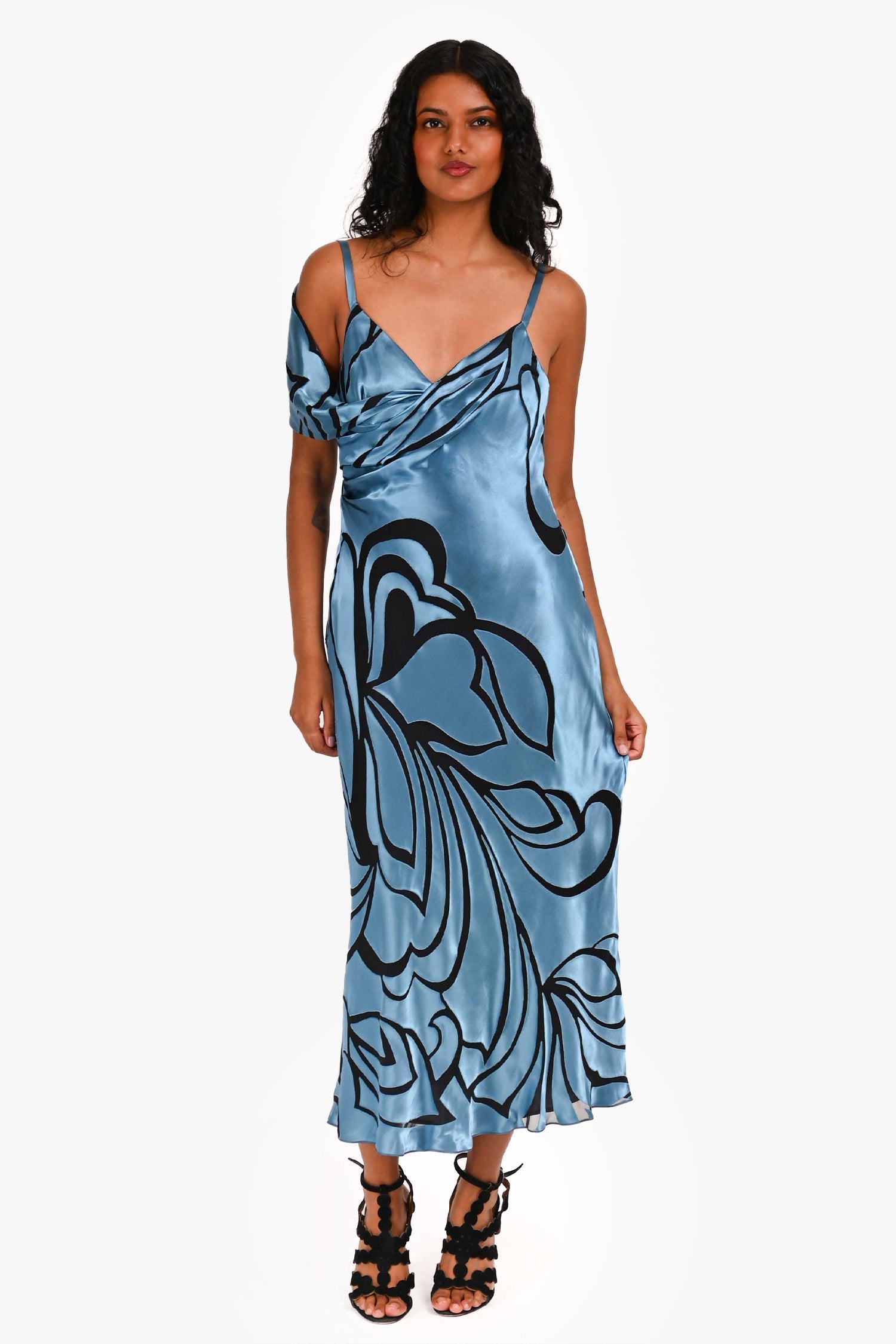 Alberta Ferretti Blue/Black Silk Sleeveless Maxi Dress Size 40