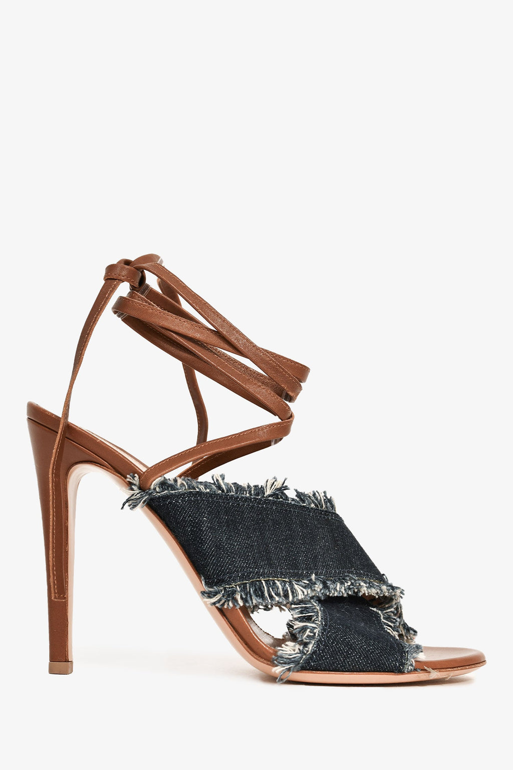 Gianvito Rossi Dark Denim/Brown Leather Wrap Heels Size 39.5