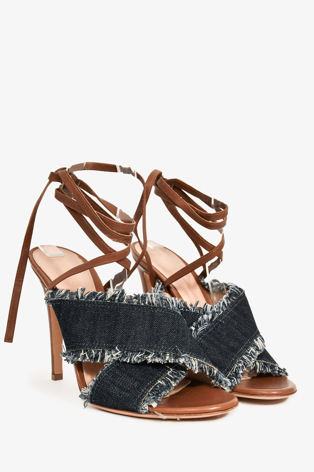Gianvito Rossi Dark Denim/Brown Leather Wrap Heels Size 39.5