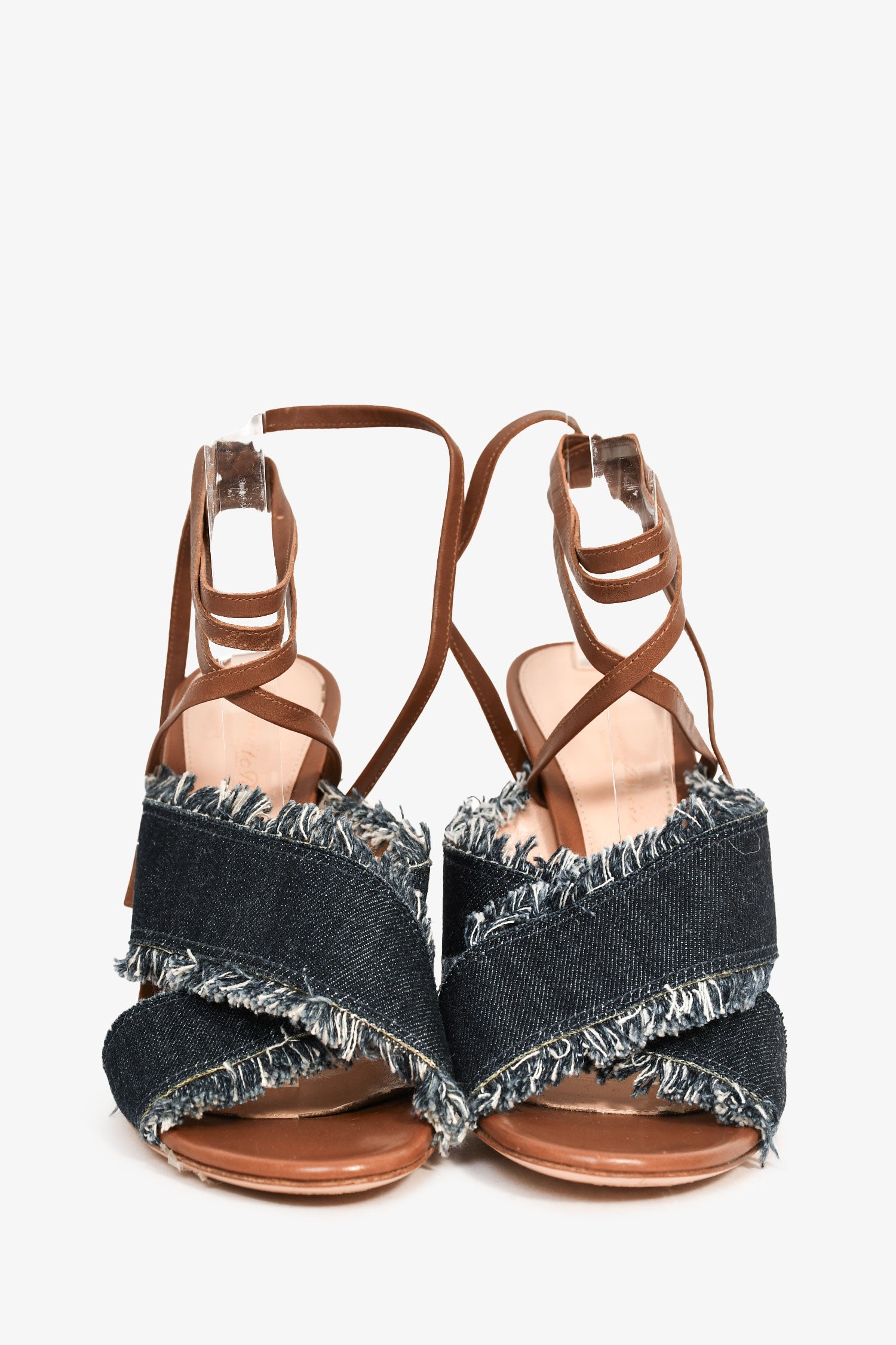 Gianvito Rossi Dark Denim/Brown Leather Wrap Heels Size 39.5