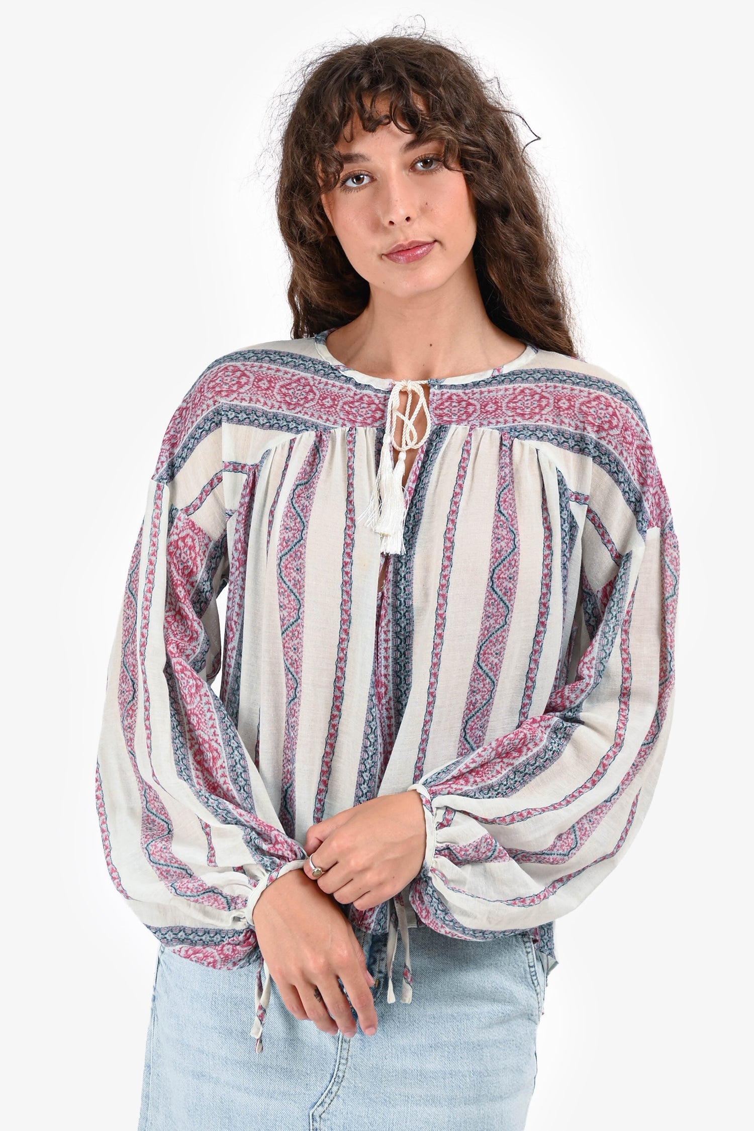 Derek Lam Crosby Blue/Pink Striped V Neck Tassel Blouse Size 4