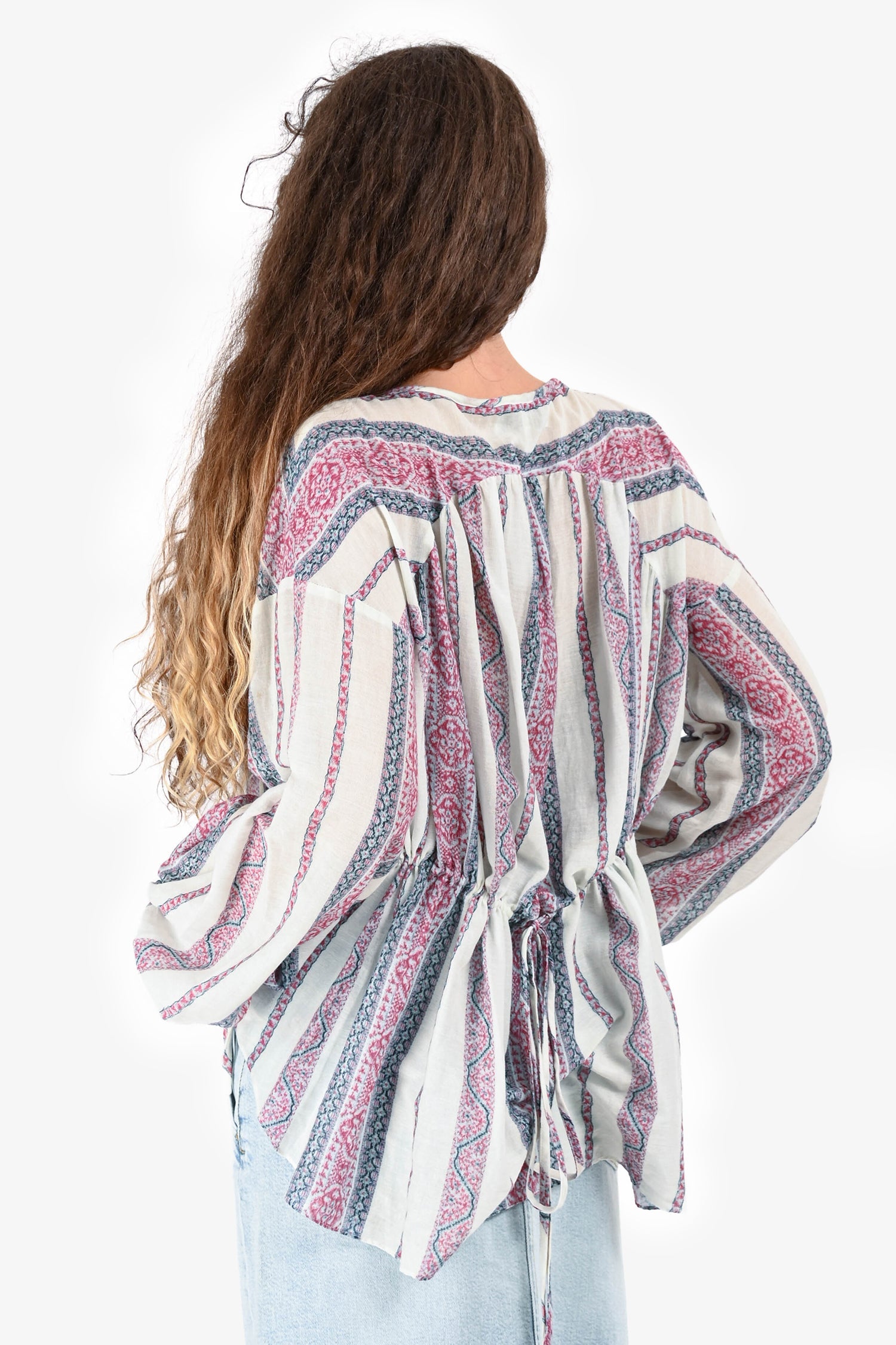 Derek Lam Crosby Blue/Pink Striped V Neck Tassel Blouse Size 4