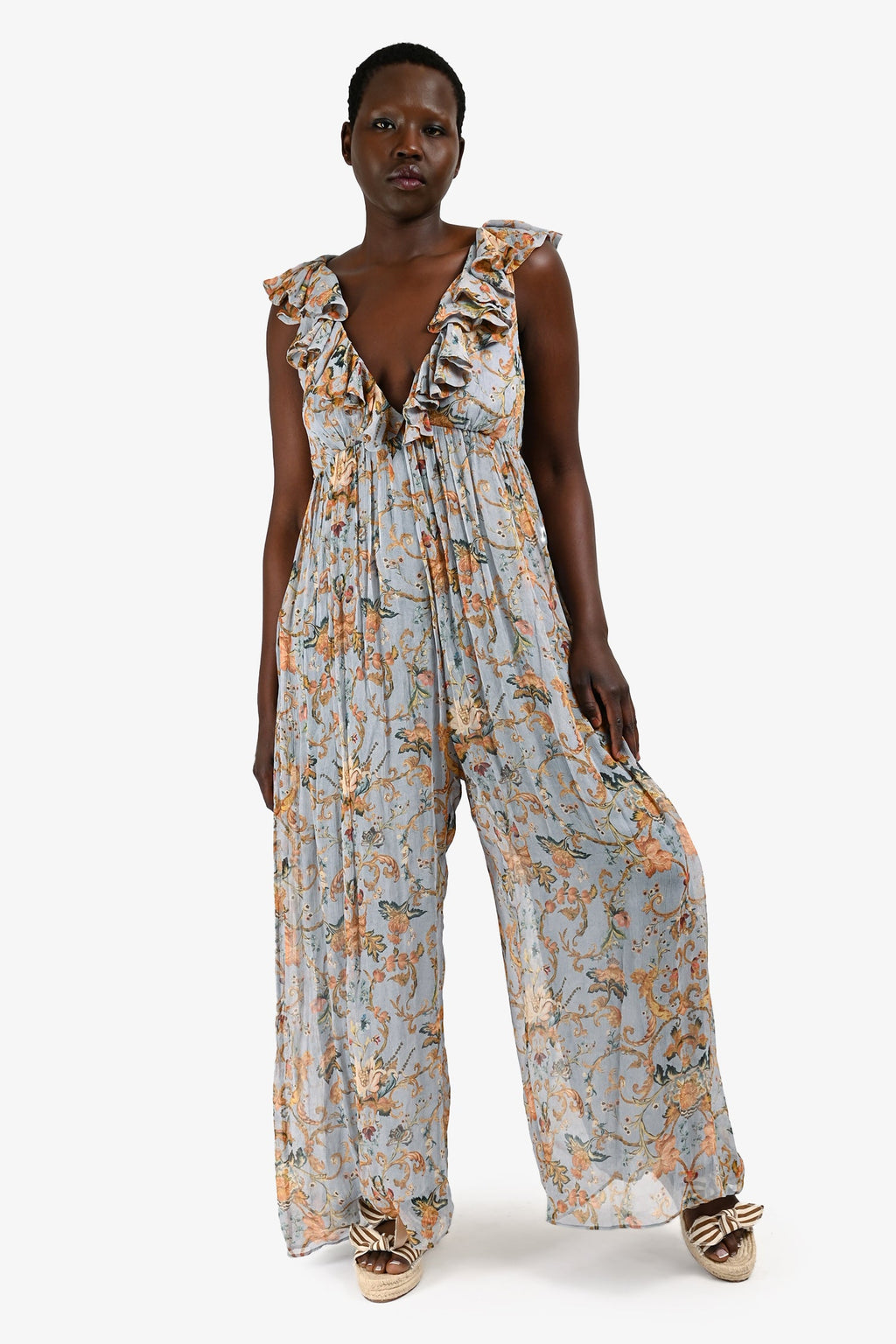 Zimmerman Blue/Orange Floral Ruffle Maxi Wide Leg Jumpsuit Size 3