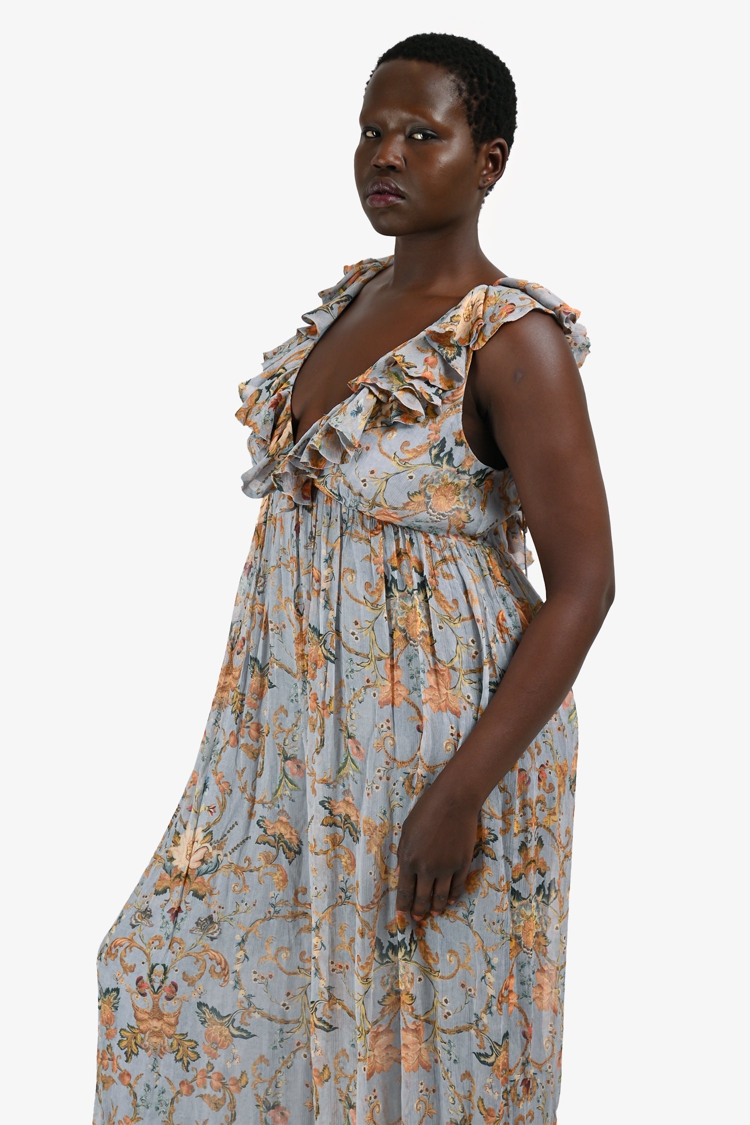 Zimmerman Blue/Orange Floral Ruffle Maxi Wide Leg Jumpsuit Size 3