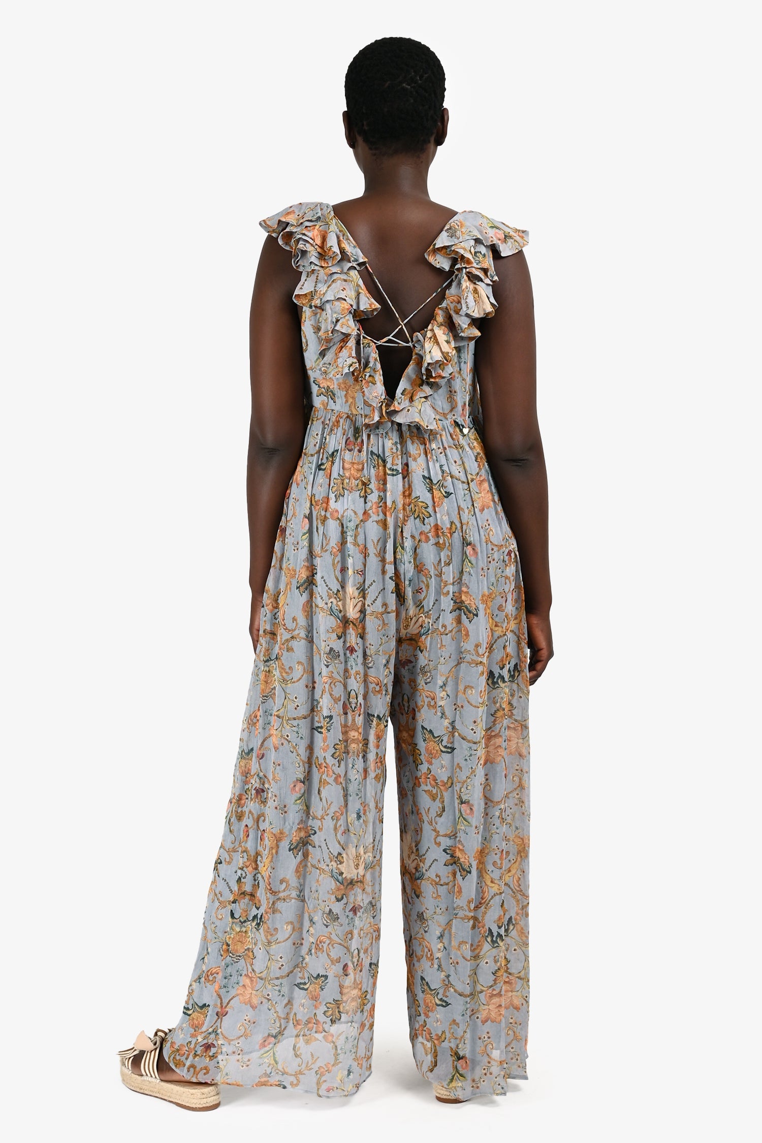 Zimmerman Blue/Orange Floral Ruffle Maxi Wide Leg Jumpsuit Size 3