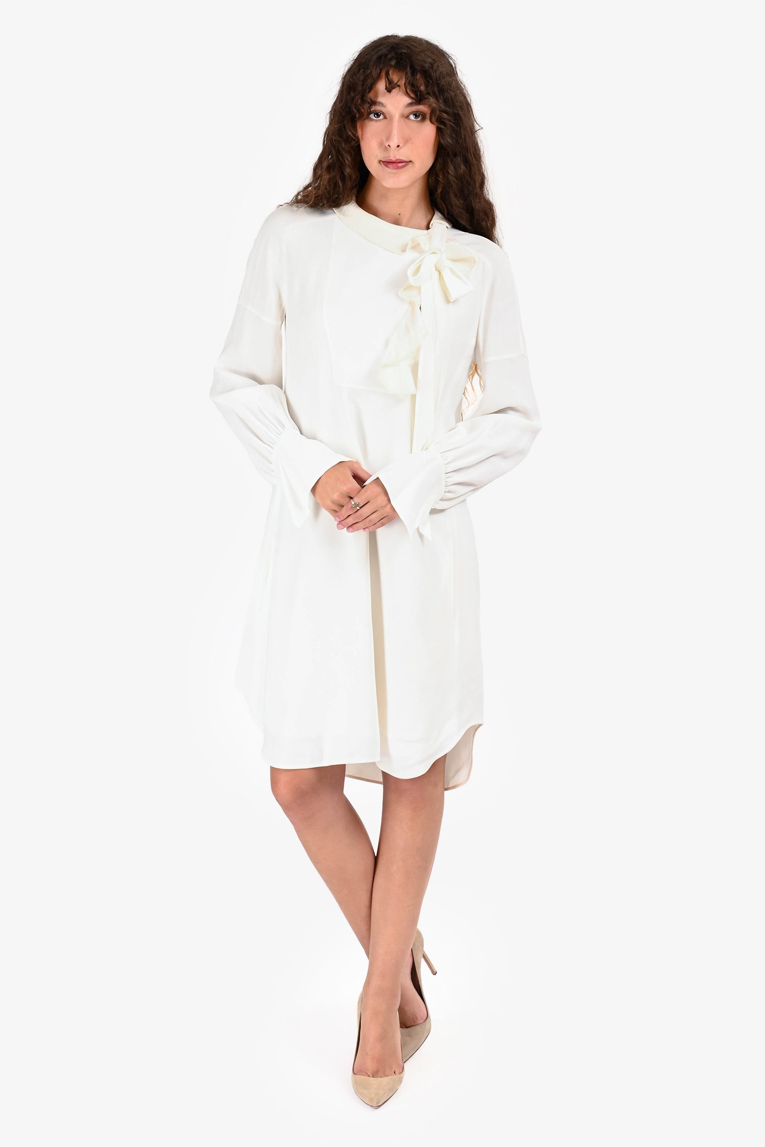 Chloe White Satin Ruffle Tie Detail Long Sleeves Dress Size 34