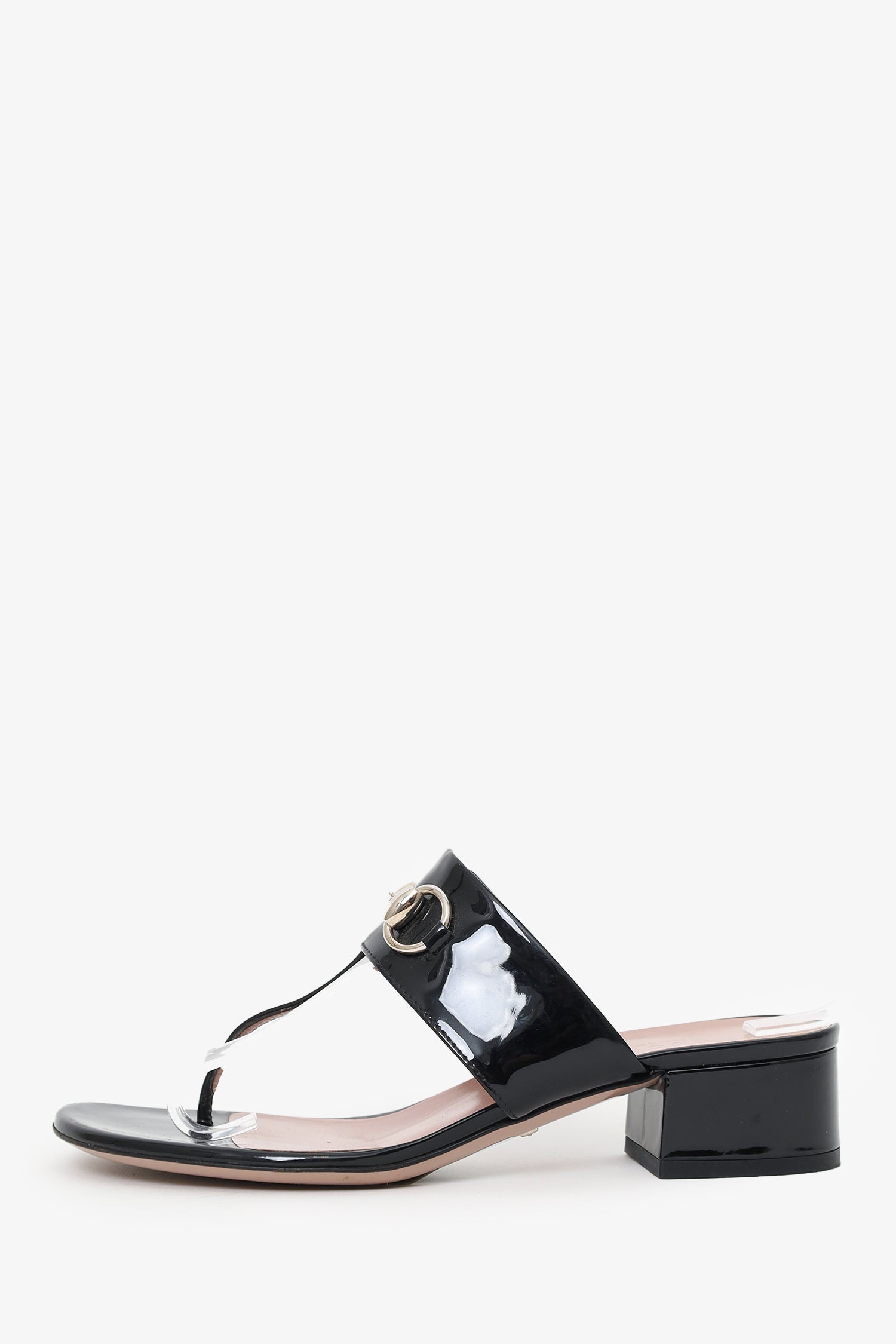 Gucci Black Patent Leather Horsebit Block Heeled Sandals Size 36