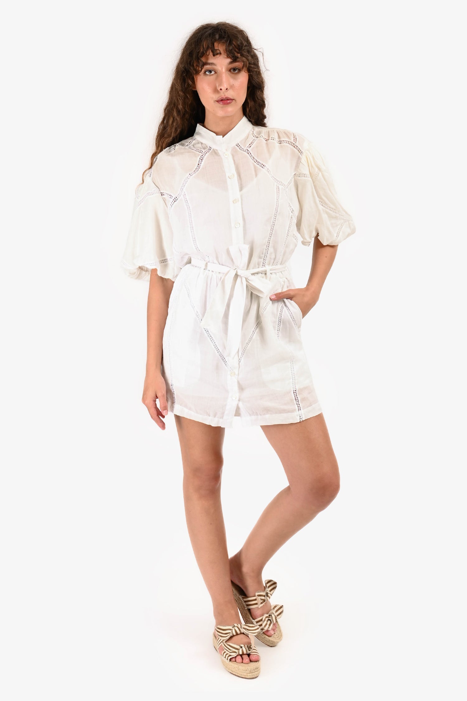 Frame White Inset Lace Puff Sleeve Dress with Waist Tie Size S
