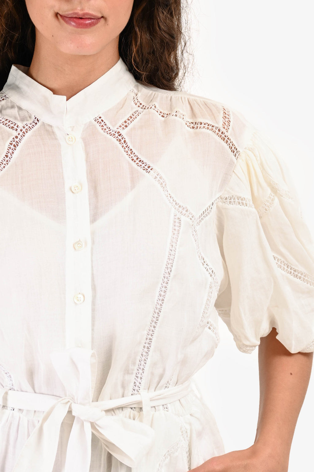 Frame White Inset Lace Puff Sleeve Dress with Waist Tie Size S