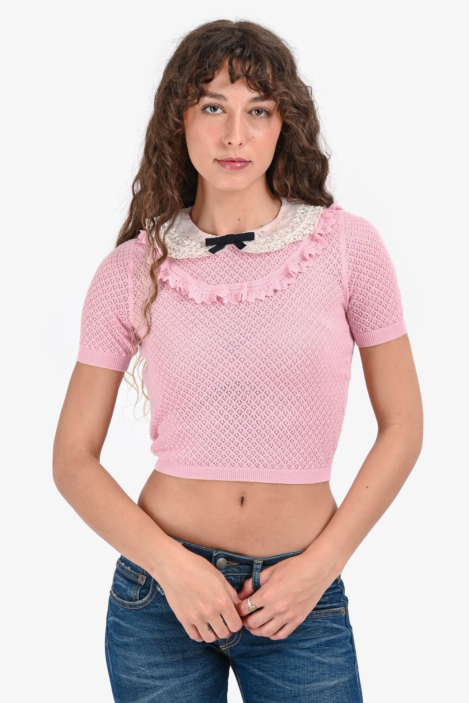 Miu Miu Pink Cashmere/Silk Knit Bow Collared Short Sleeves Top Size 40