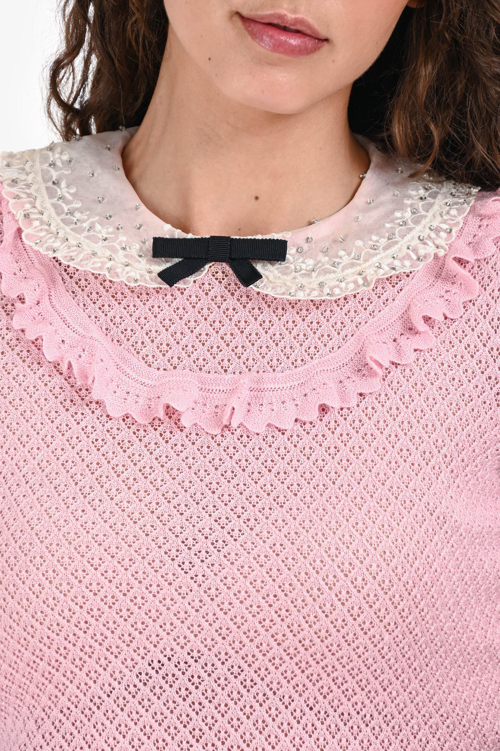 Miu Miu Pink Cashmere/Silk Knit Bow Collared Short Sleeves Top Size 40