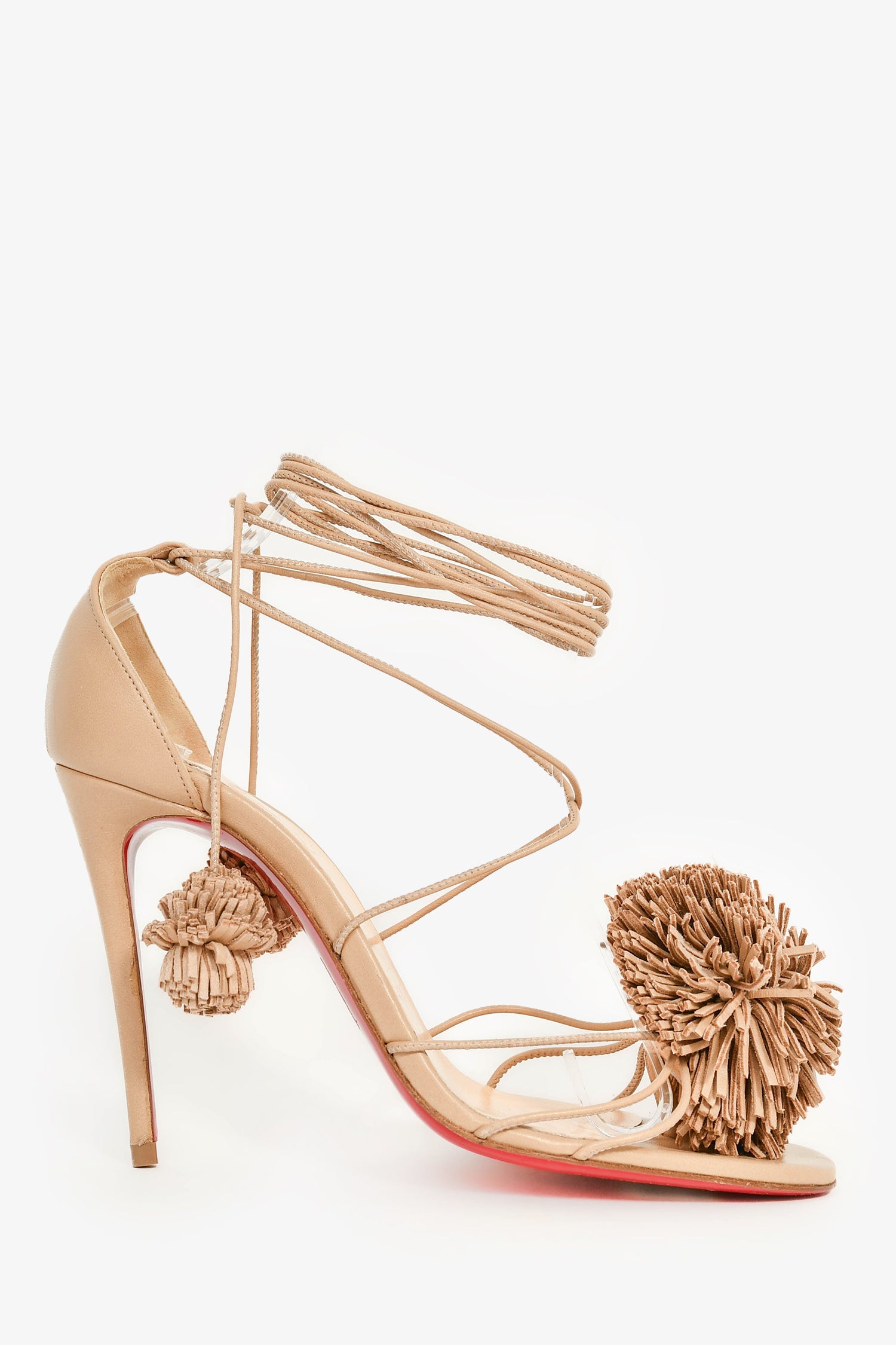 Christian Louboutin Beige Leather Pom Pom Strappy Sandals Size 35.5