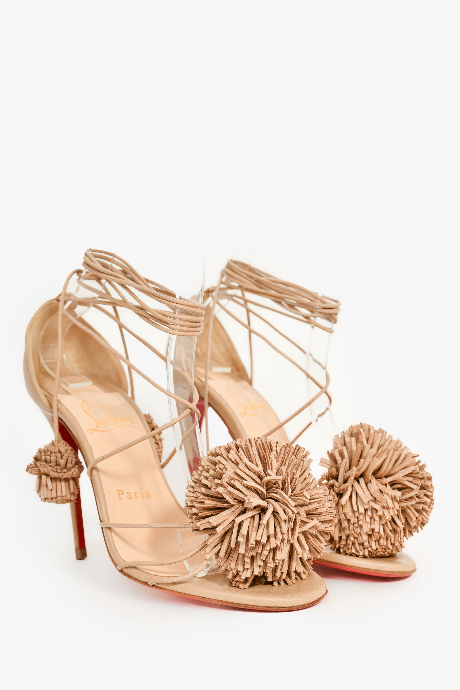 Christian Louboutin Beige Leather Pom Pom Strappy Sandals Size 35.5
