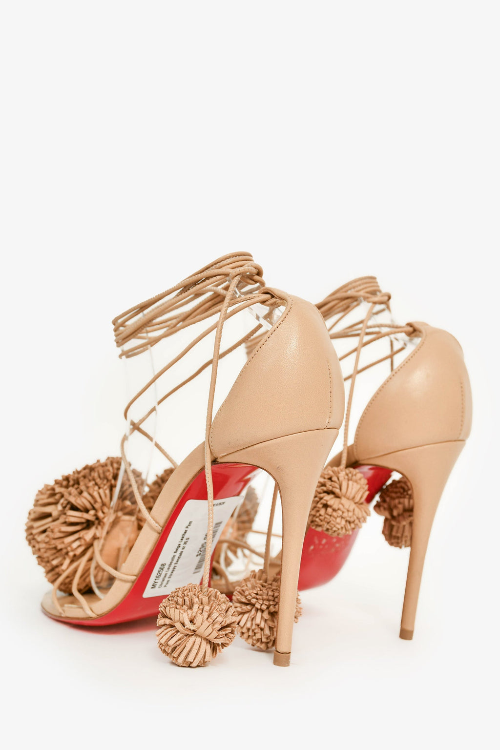 Christian Louboutin Beige Leather Pom Pom Strappy Sandals Size 35.5