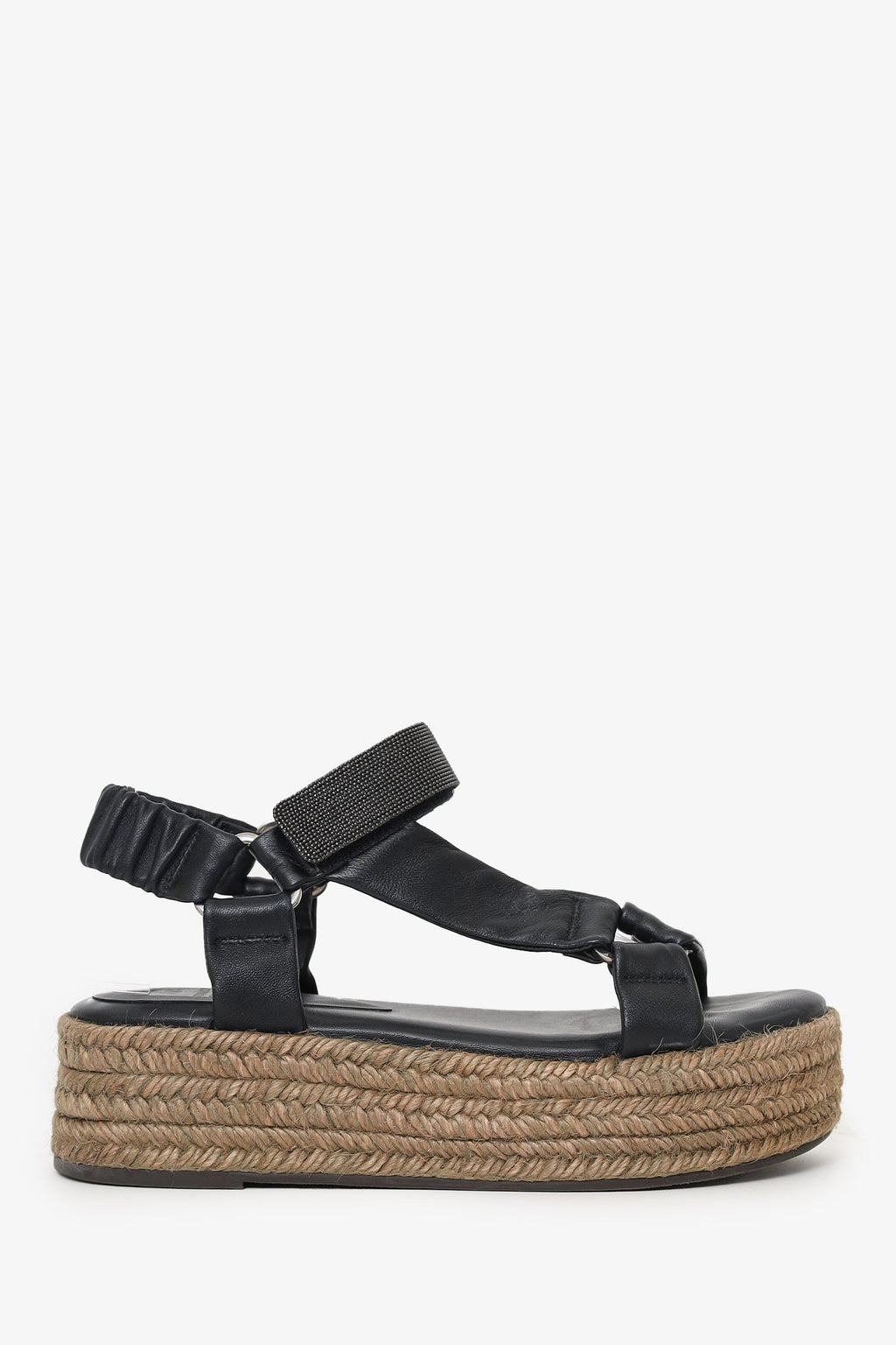 Brunello Cucinelli Black Beaded Leather Espadrille Platform Sandals Size 36
