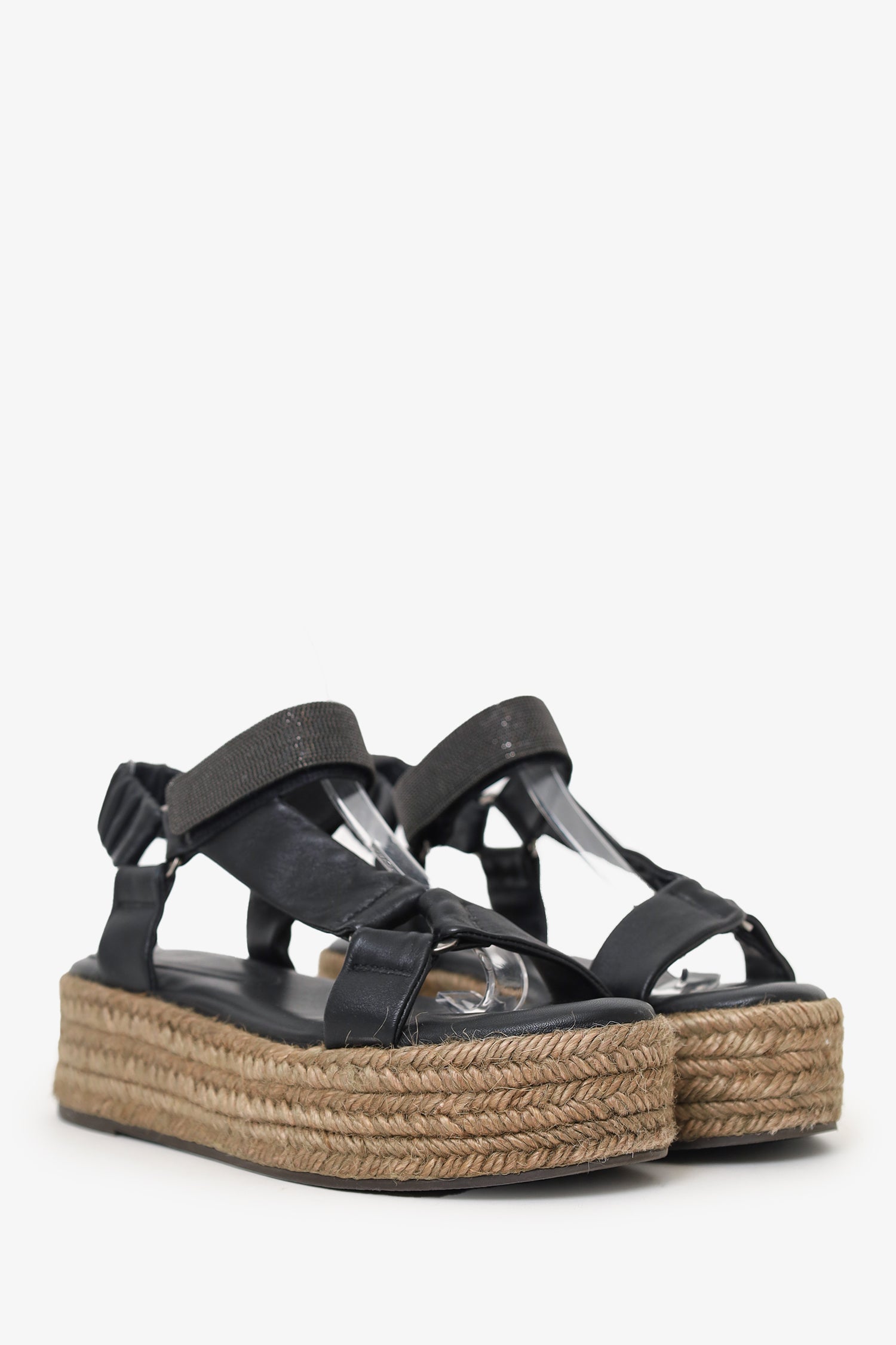 Brunello Cucinelli Black Beaded Leather Espadrille Platform Sandals Size 36