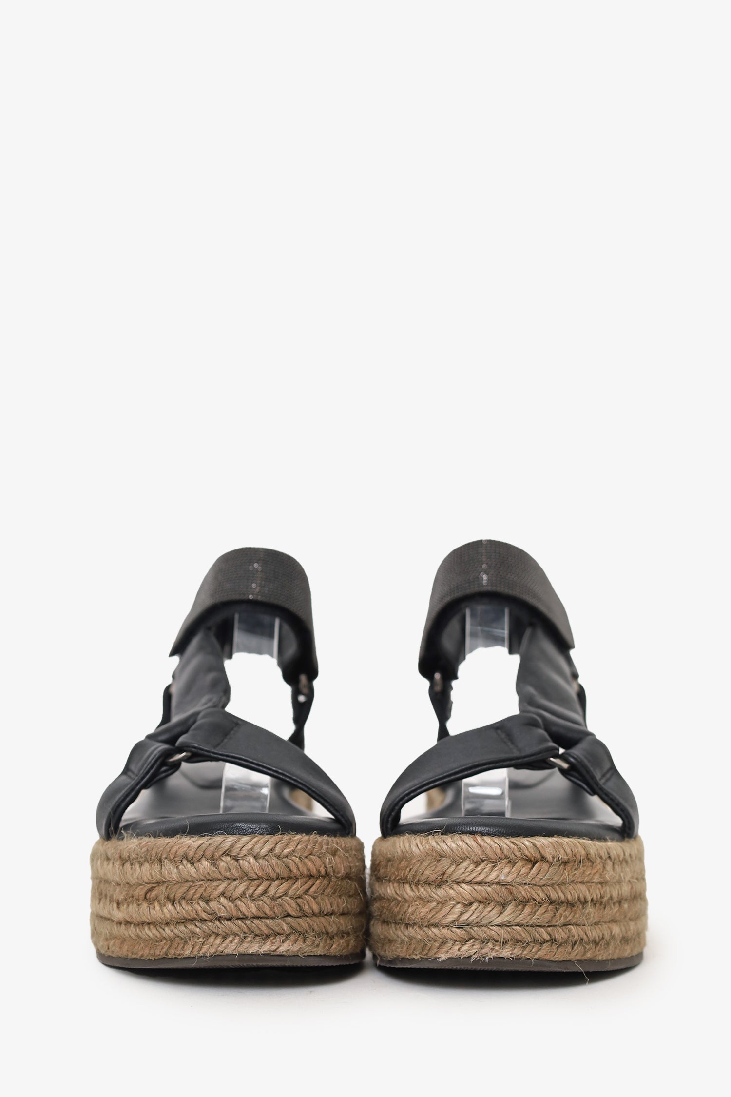 Brunello Cucinelli Black Beaded Leather Espadrille Platform Sandals Size 36