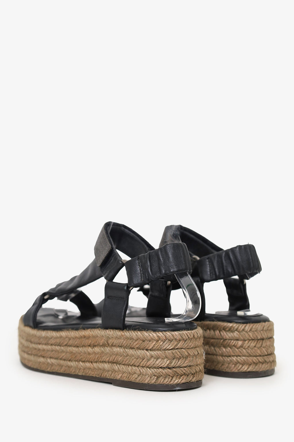 Brunello Cucinelli Black Beaded Leather Espadrille Platform Sandals Size 36