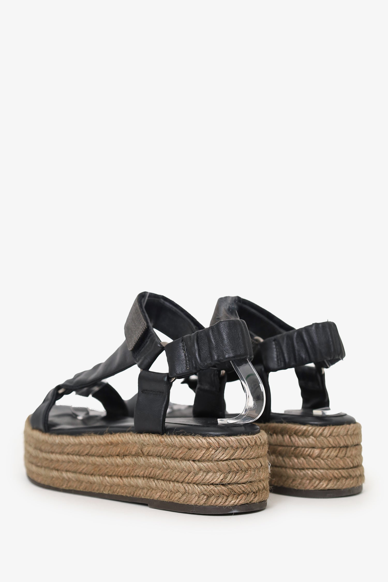 Brunello Cucinelli Black Beaded Leather Espadrille Platform Sandals Size 36