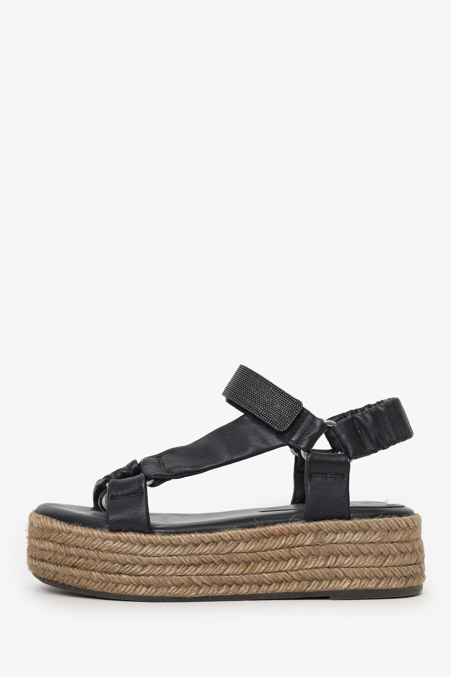 Brunello Cucinelli Black Beaded Leather Espadrille Platform Sandals Size 36