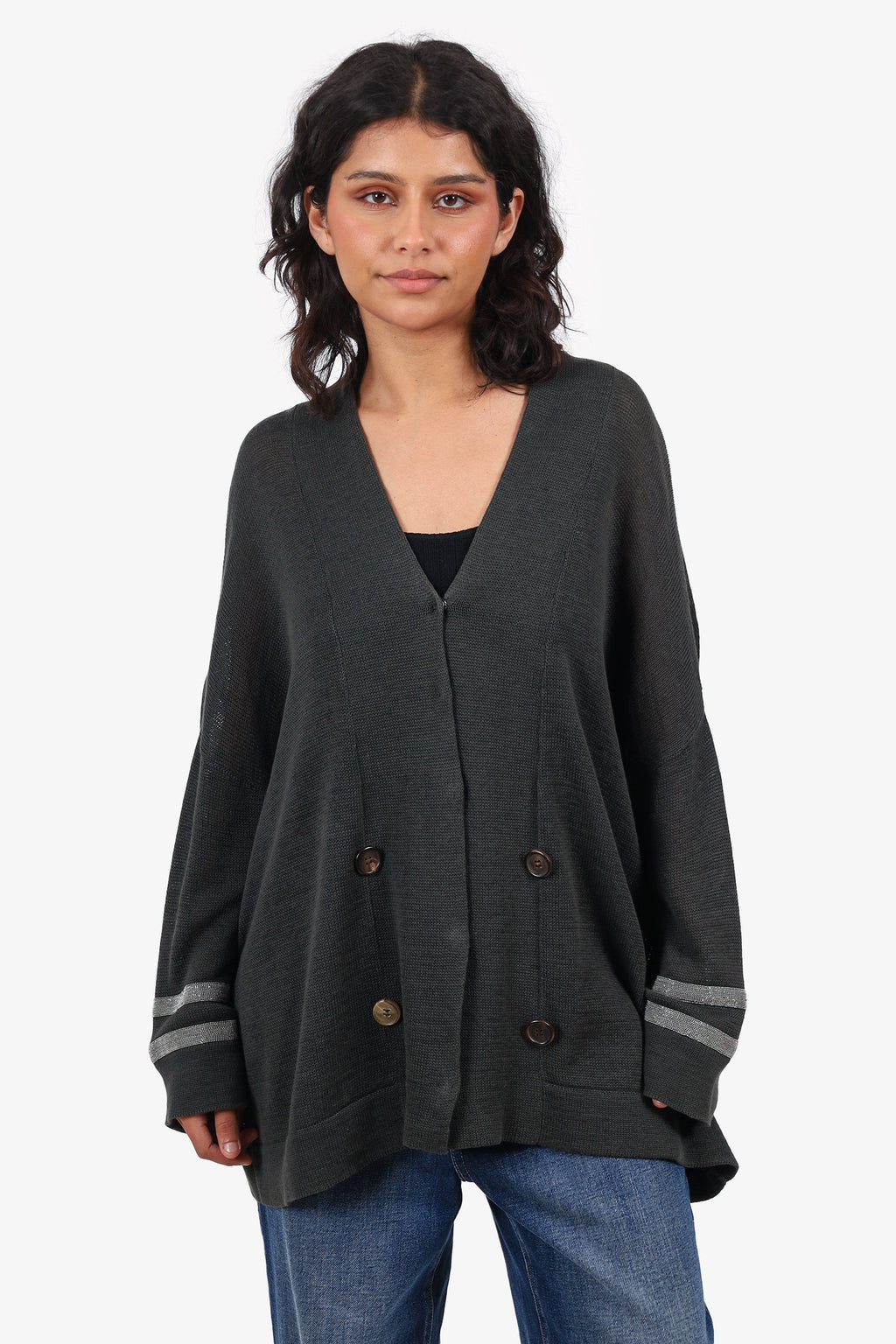 Brunello Cucinelli Grey Knitted Beaded Detail igan Size L