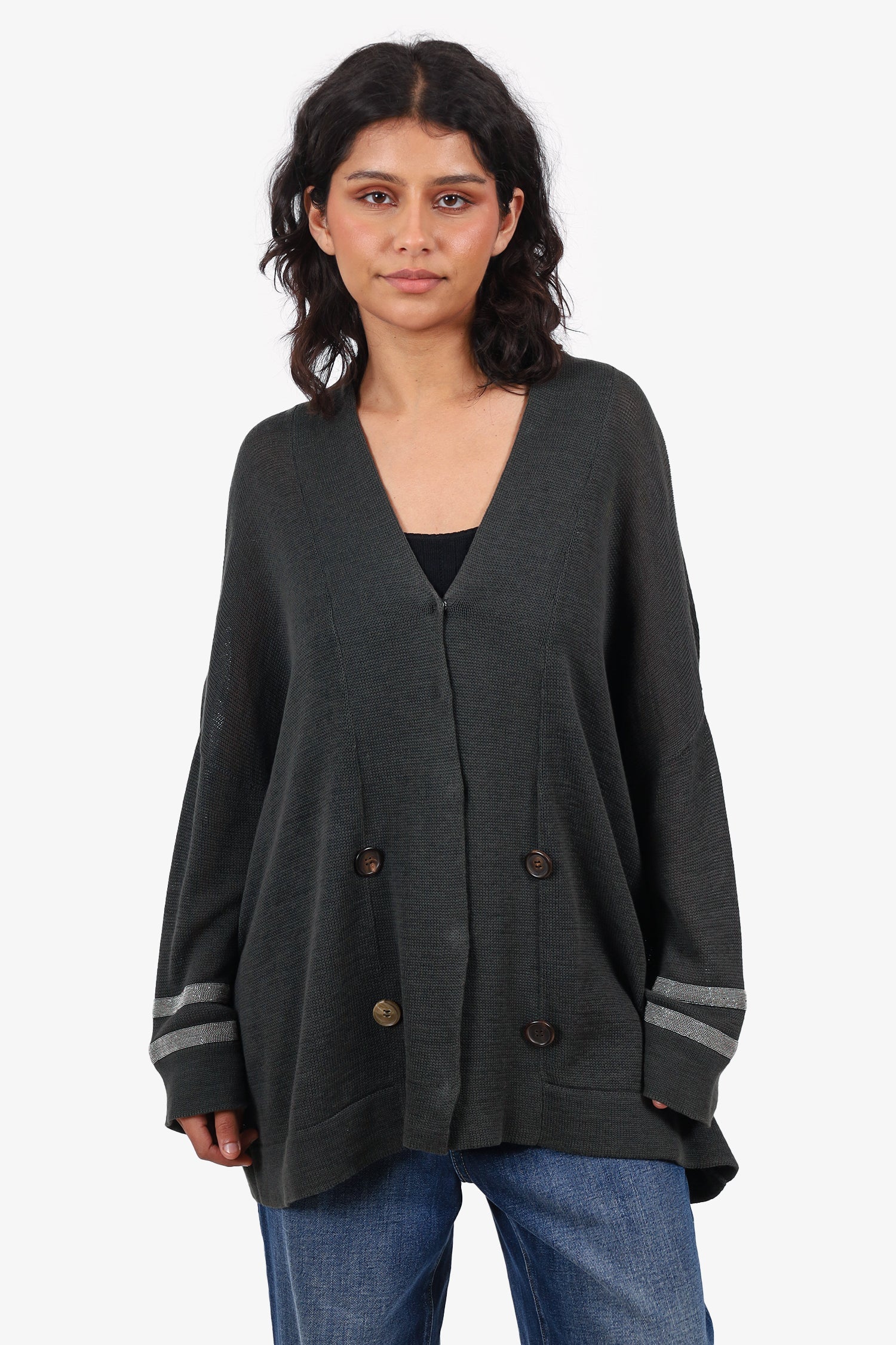 Brunello Cucinelli Grey Knitted Beaded Detail igan Size L