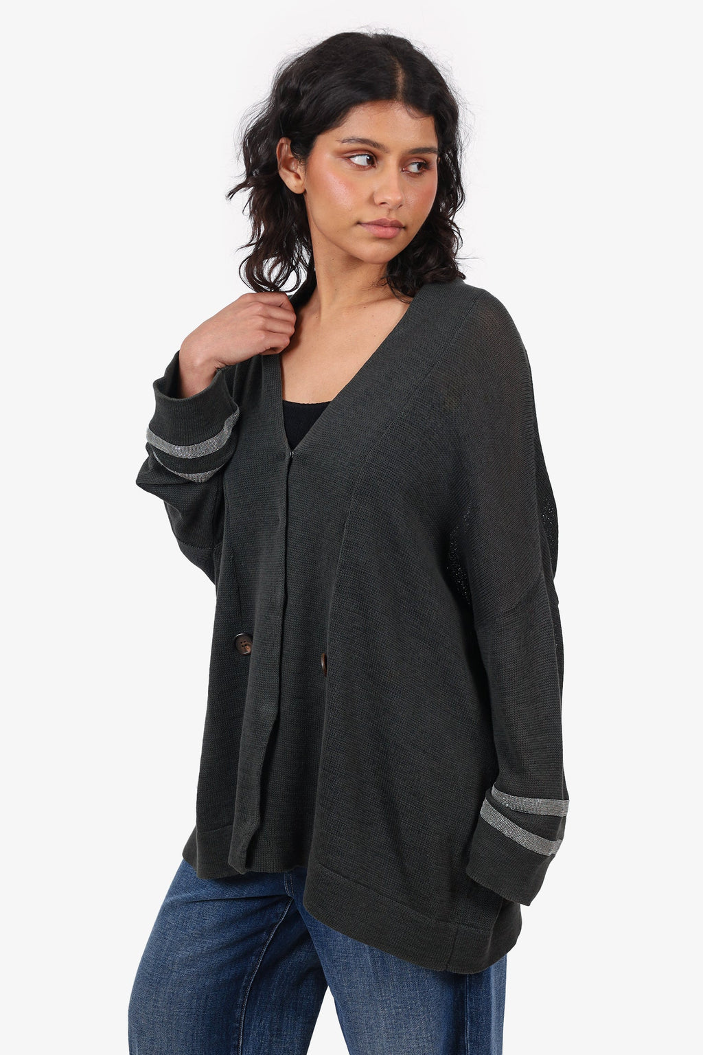 Brunello Cucinelli Grey Knitted Beaded Detail igan Size L