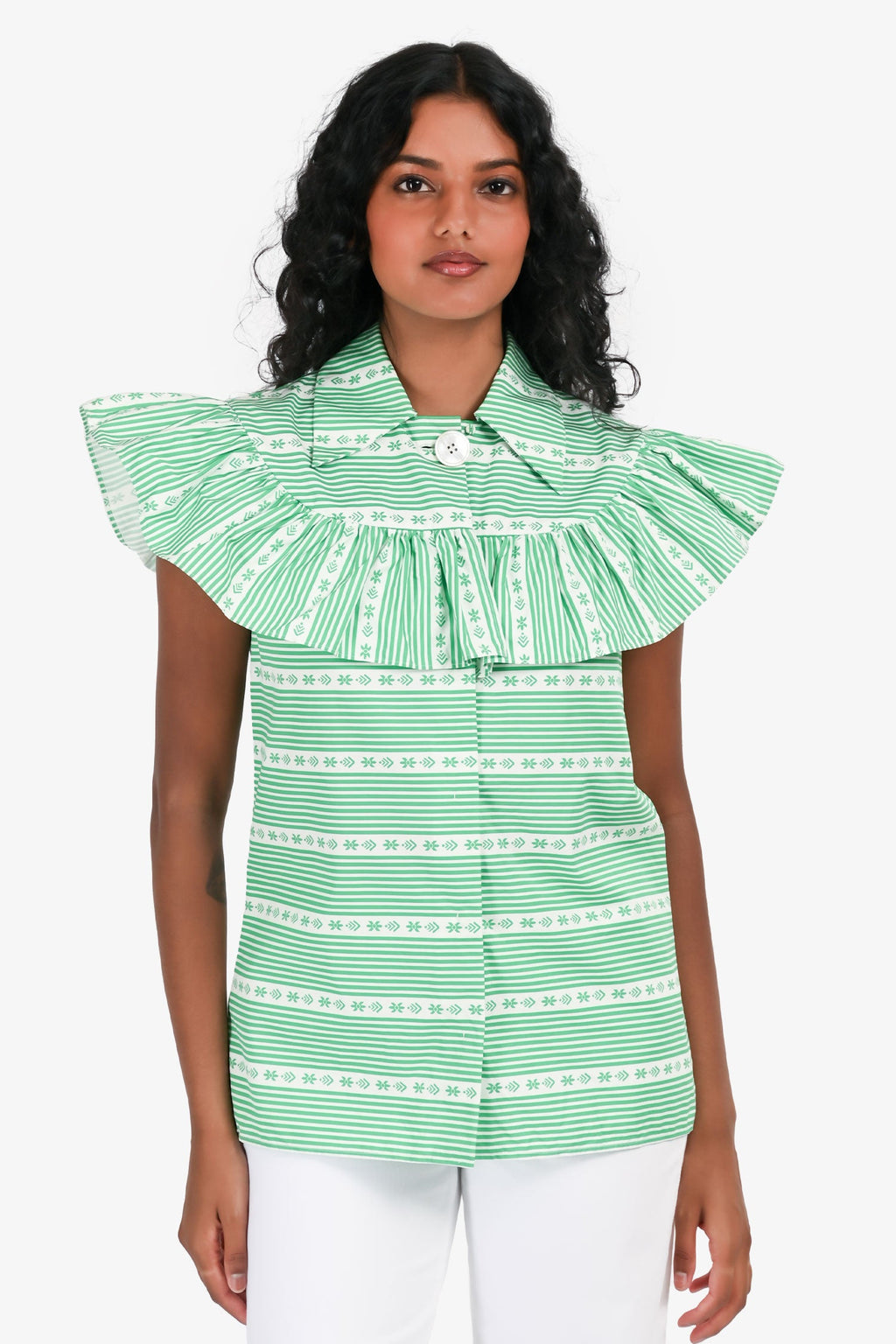 Miu Miu White/Green Poplin Striped Ruffle Sleeveless Top Size 38