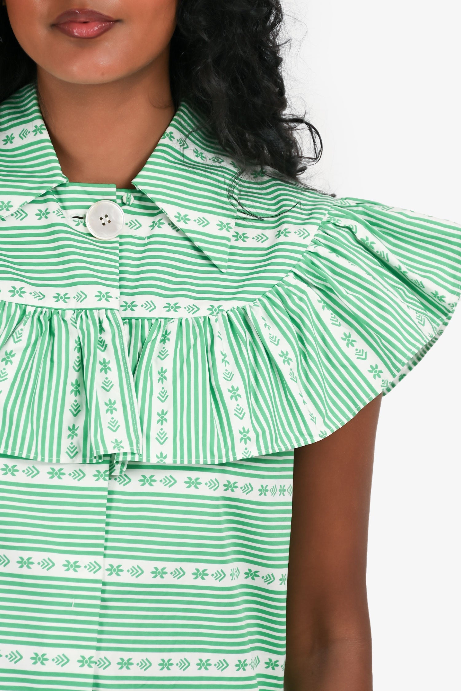 Miu Miu White/Green Poplin Striped Ruffle Sleeveless Top Size 38