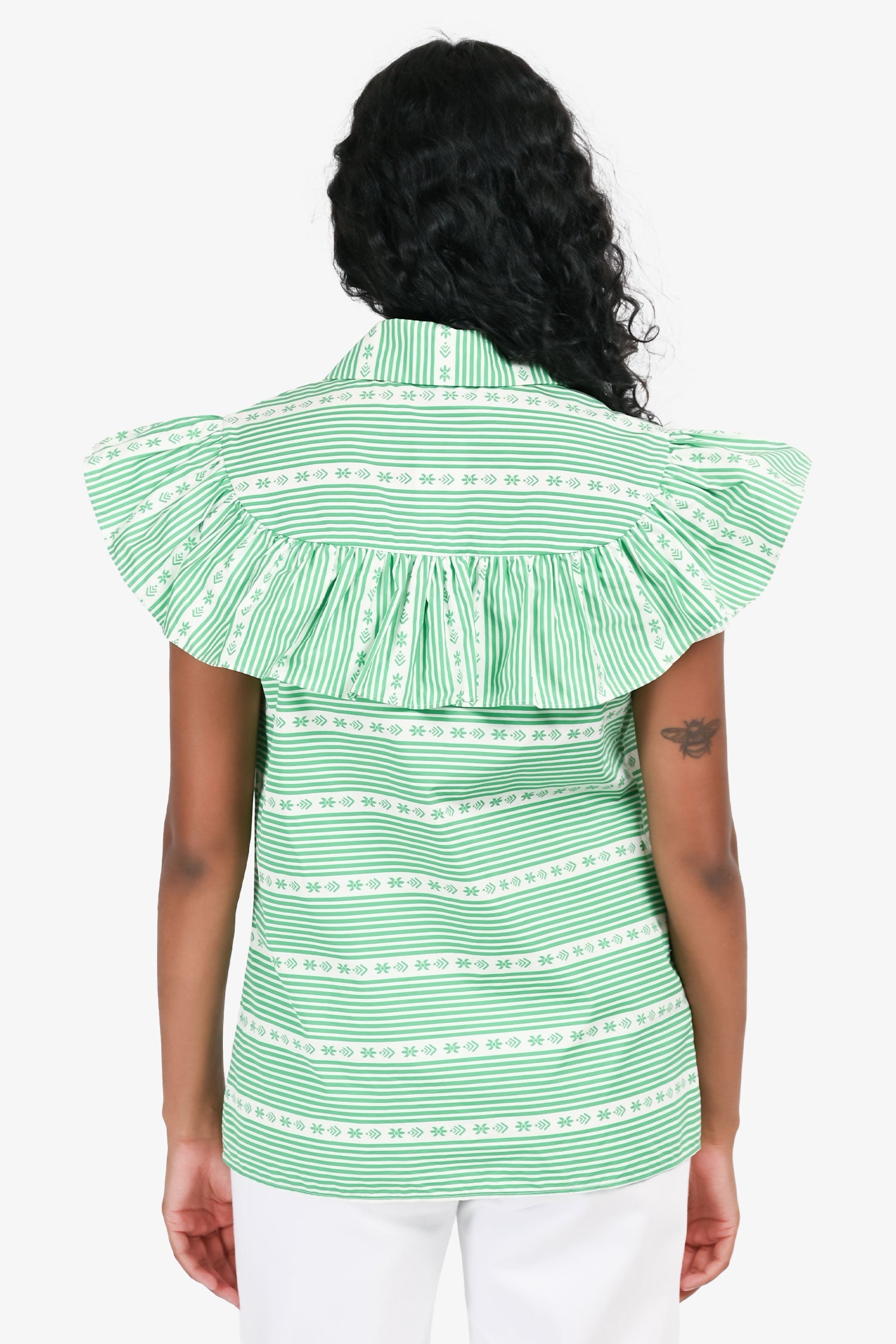 Miu Miu White/Green Poplin Striped Ruffle Sleeveless Top Size 38