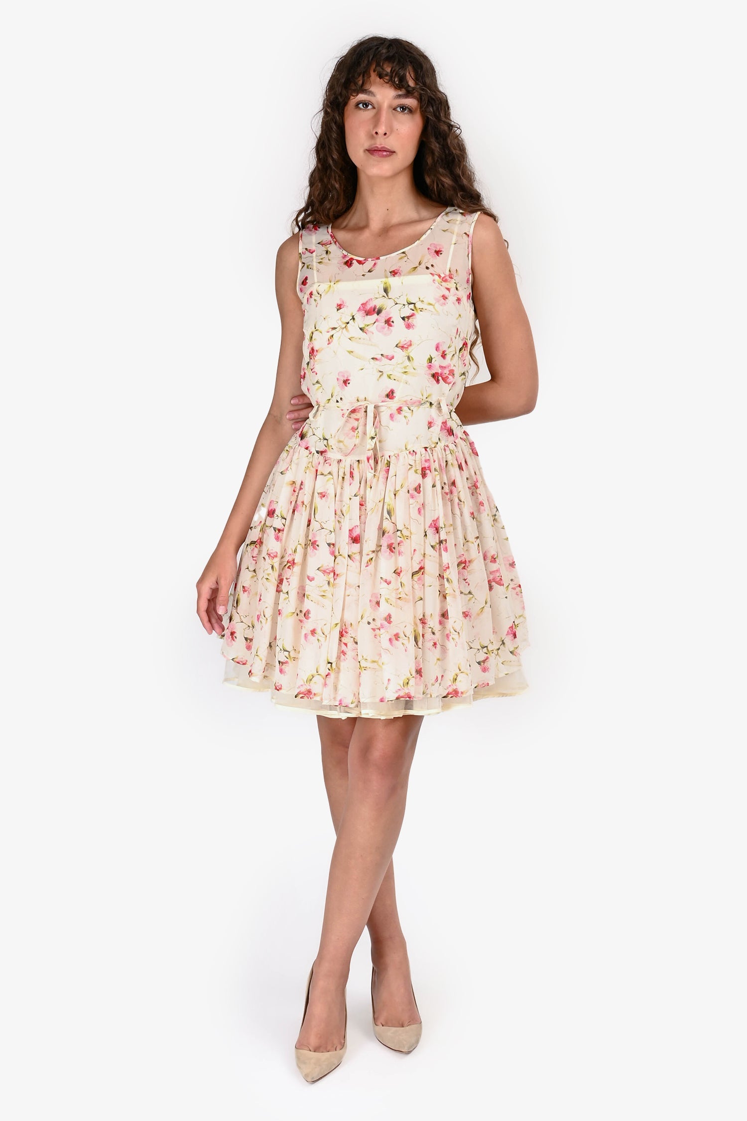 Red Valentino White/Pink Floral Silk Belted Tulle Dress Size 40