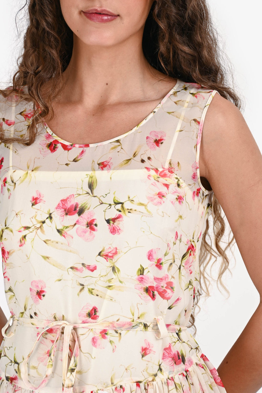 Red Valentino White/Pink Floral Silk Belted Tulle Dress Size 40