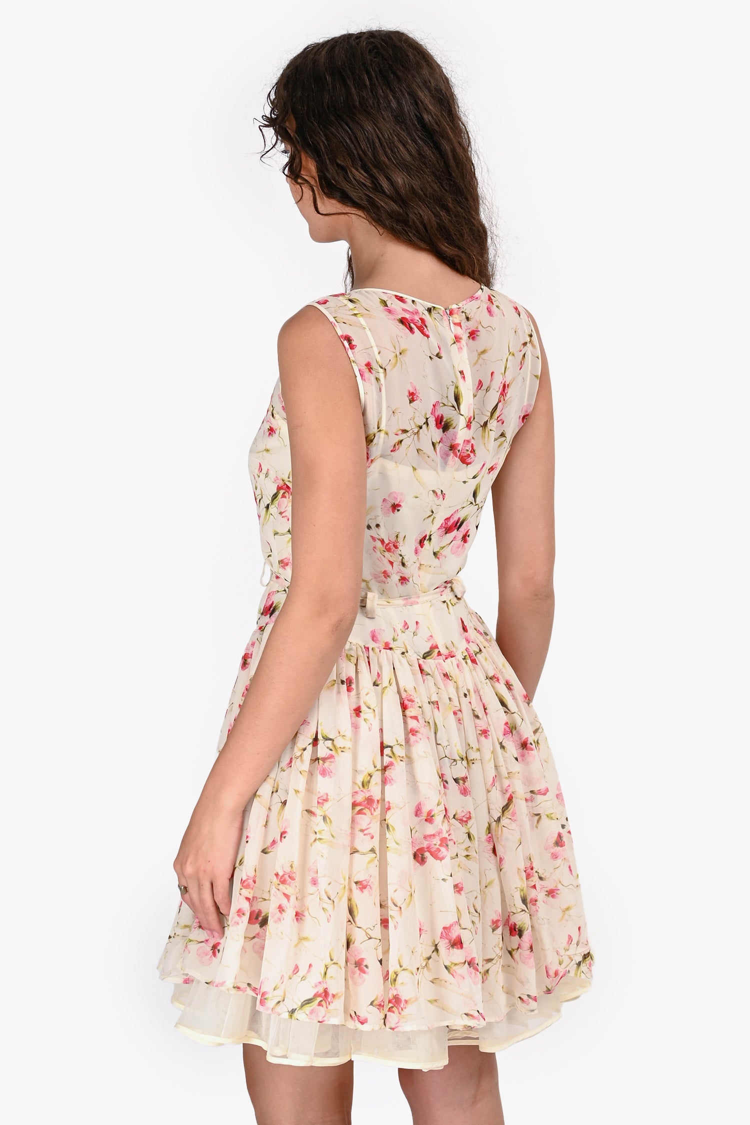 Red Valentino White/Pink Floral Silk Belted Tulle Dress Size 40