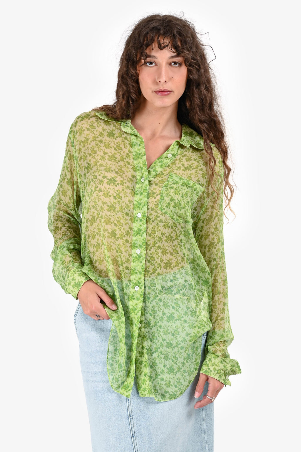 Acne Green Floral Sheer Silk Button Up Shirt Size 36