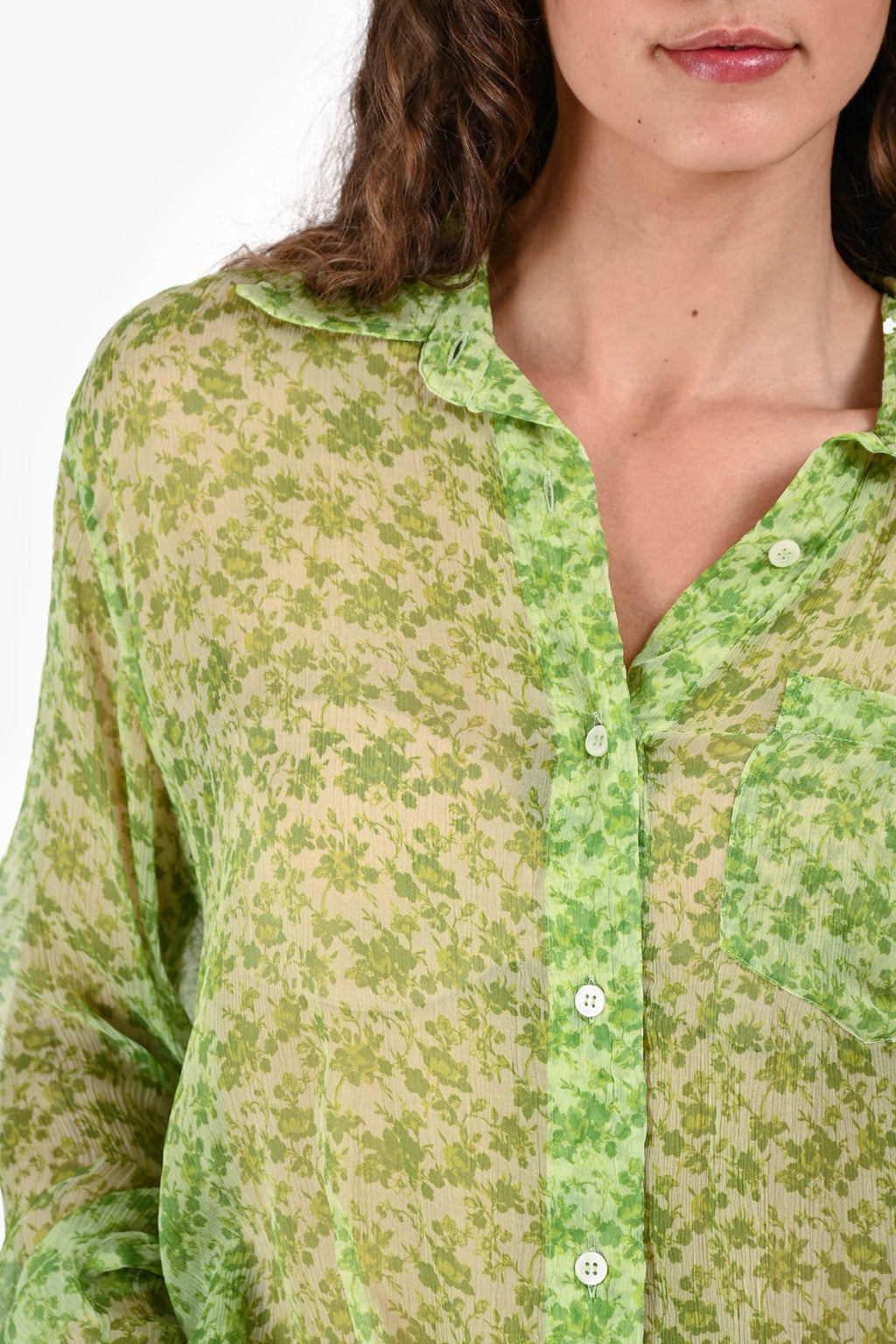 Acne Green Floral Sheer Silk Button Up Shirt Size 36