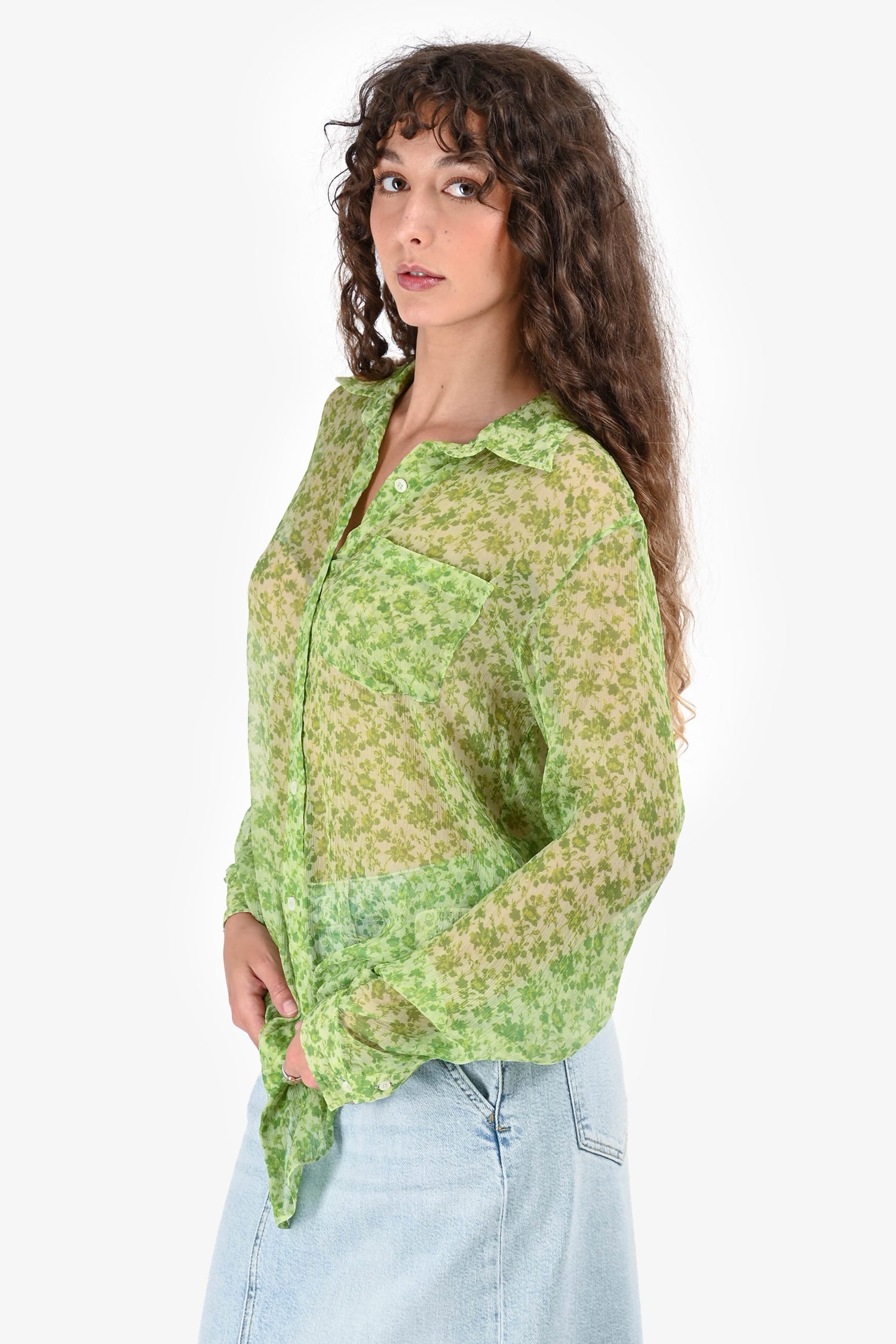 Acne Green Floral Sheer Silk Button Up Shirt Size 36