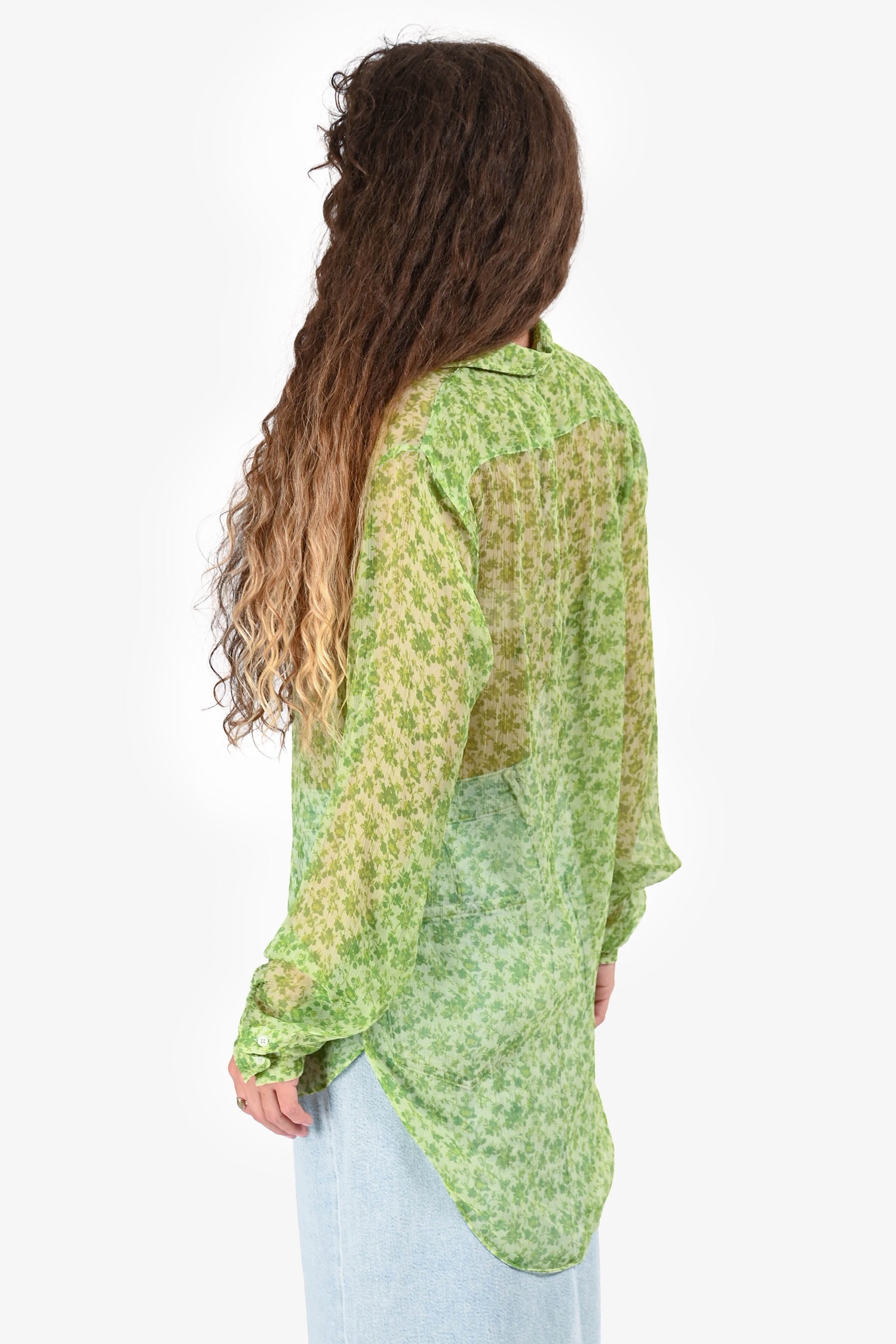Acne Green Floral Sheer Silk Button Up Shirt Size 36