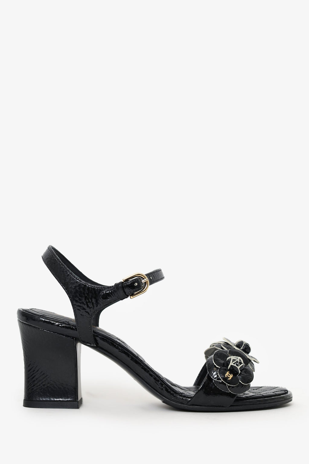 Pre-Loved Chanel™ Black Chevre Craquelee Camellia Ankle Strap Sandals Size 37