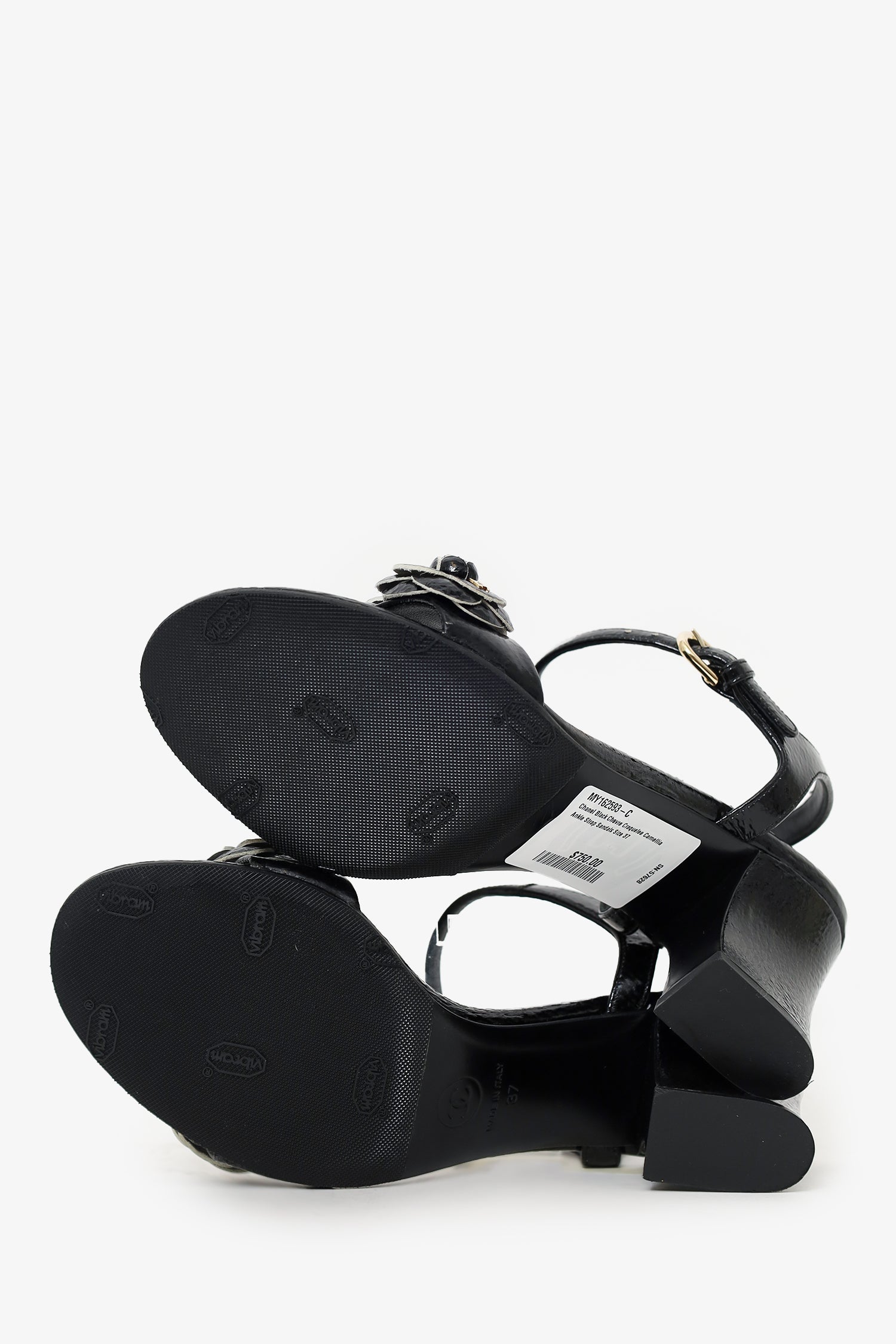 Pre-Loved Chanel™ Black Chevre Craquelee Camellia Ankle Strap Sandals Size 37