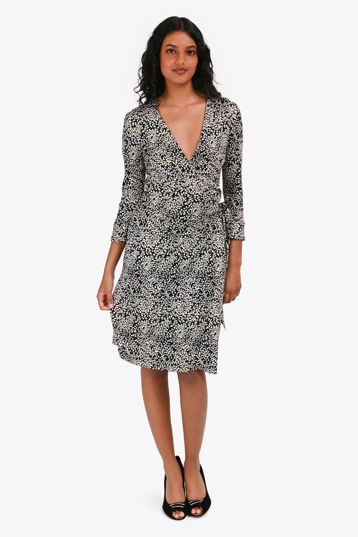 Diane Von Fustenberg Black/White Leaf Pattern Wrap Dress Size 2
