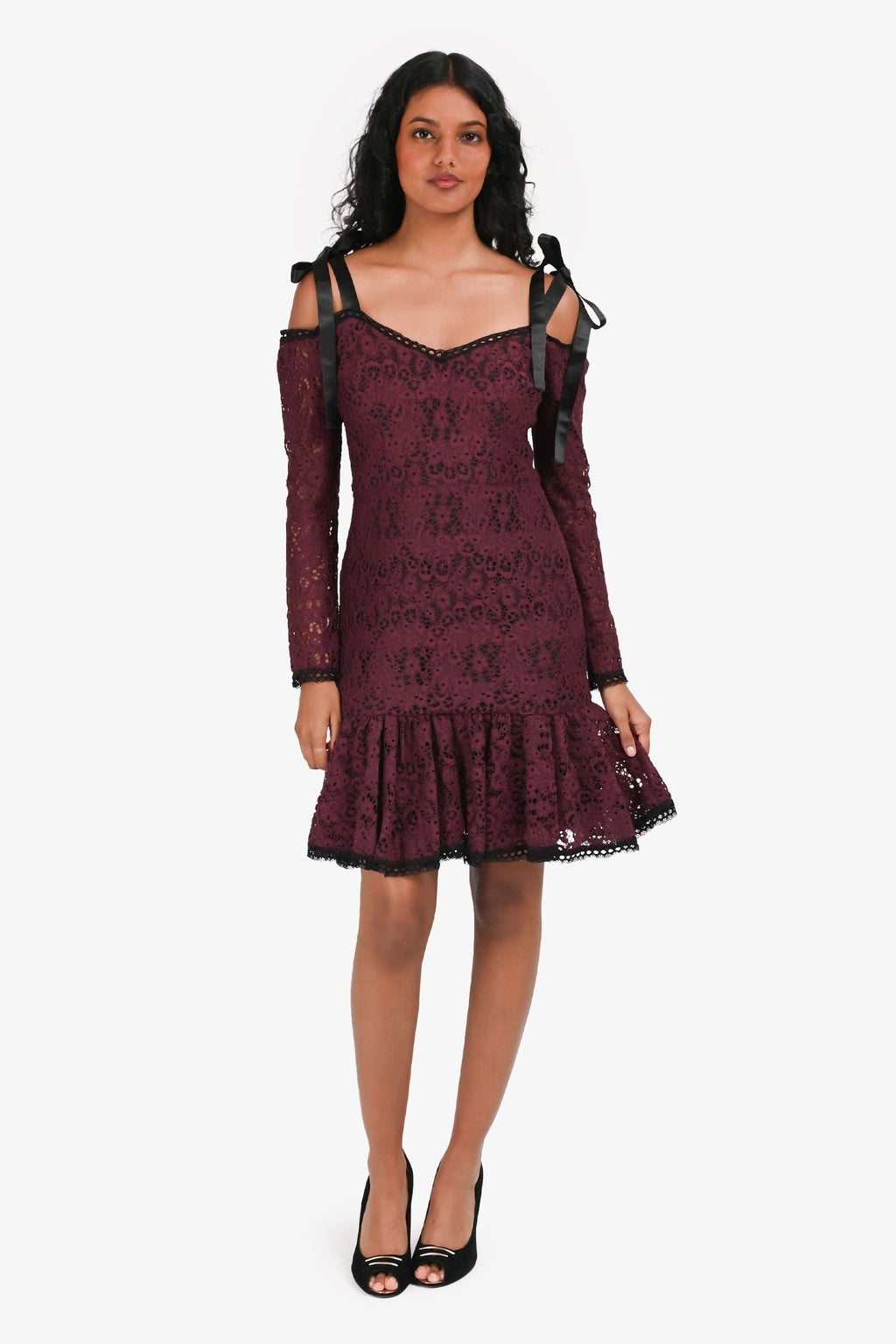Alexis Dark Purple Lace Black Satin Bow Detail Long Sleeves Mini Dress Size S