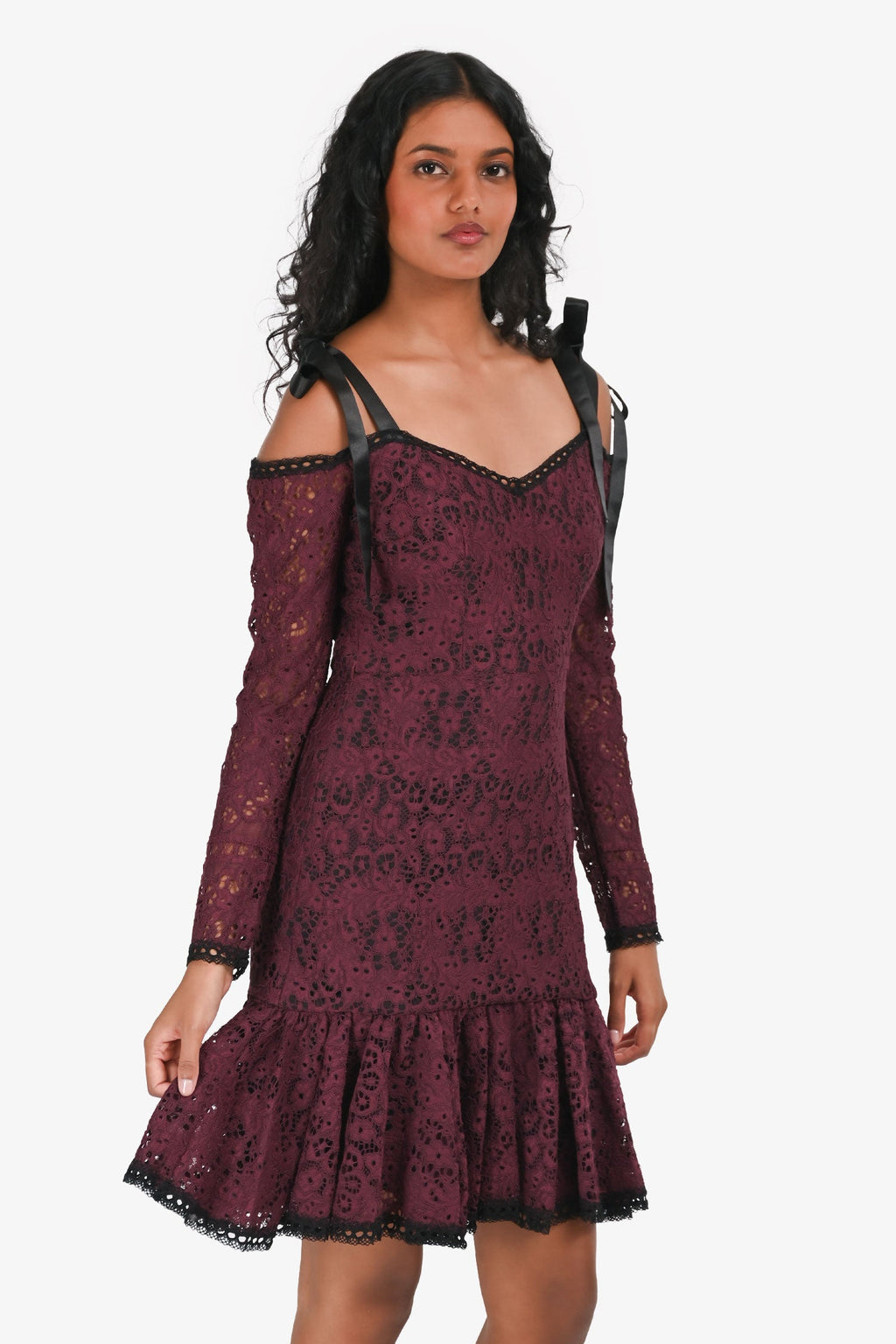 Alexis Dark Purple Lace Black Satin Bow Detail Long Sleeves Mini Dress Size S