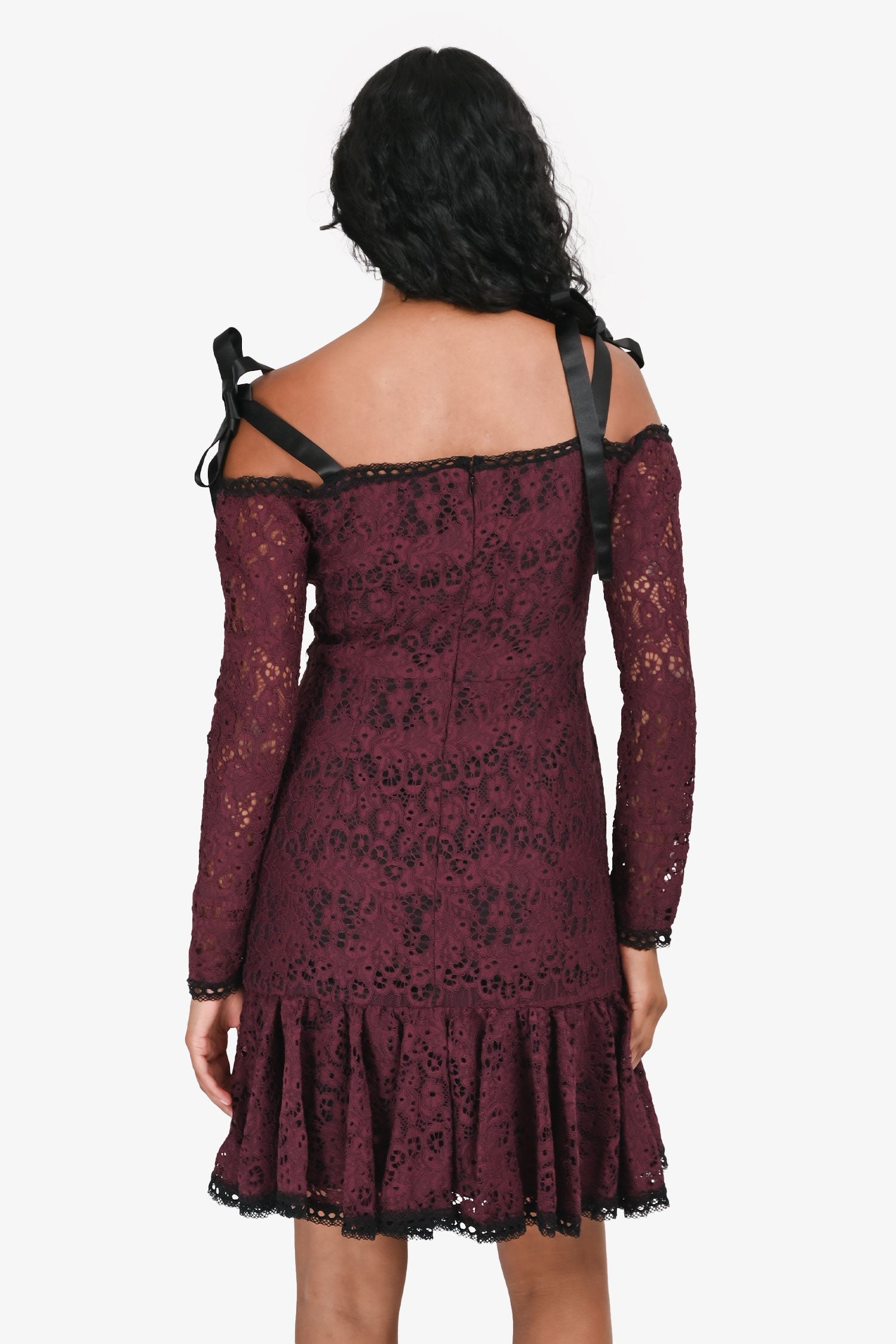 Alexis Dark Purple Lace Black Satin Bow Detail Long Sleeves Mini Dress Size S