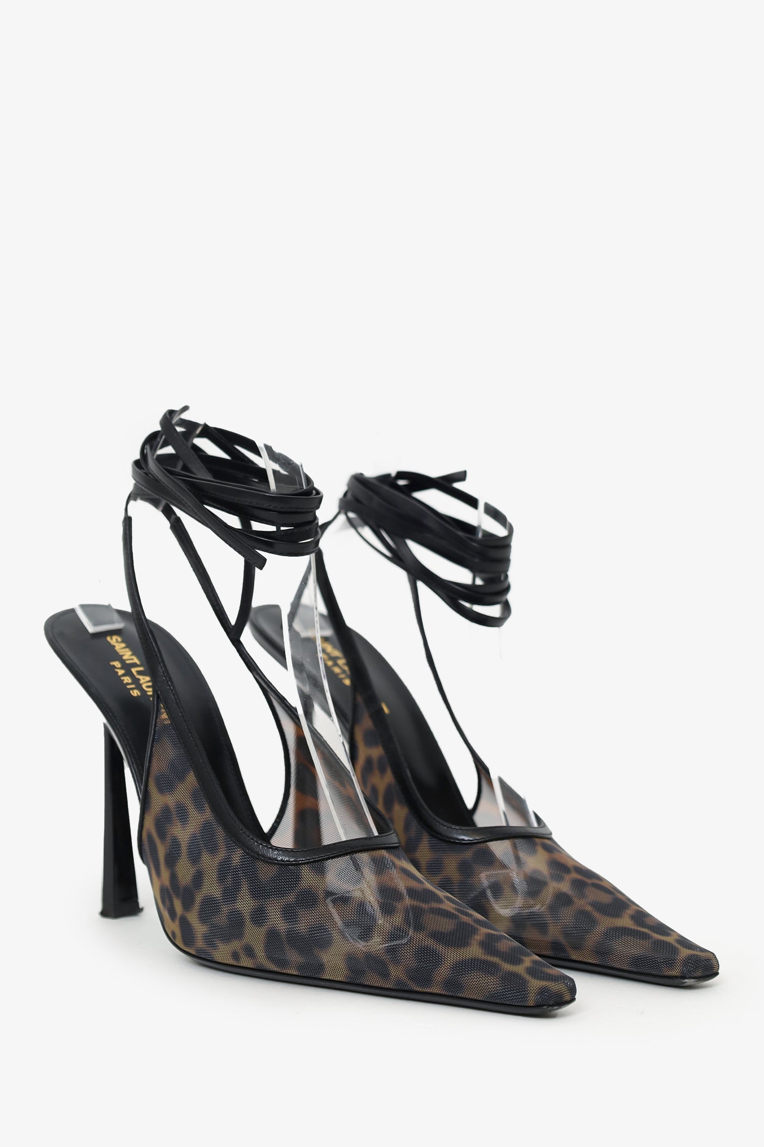 Saint Laurent Black/Leopard Print Leather Mesh Oxalis Slingback Pumps Size 40.5