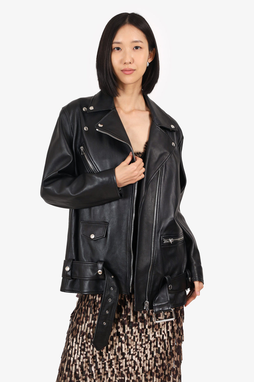 Acne Black Leather Oversized Biker Jacket Size 34