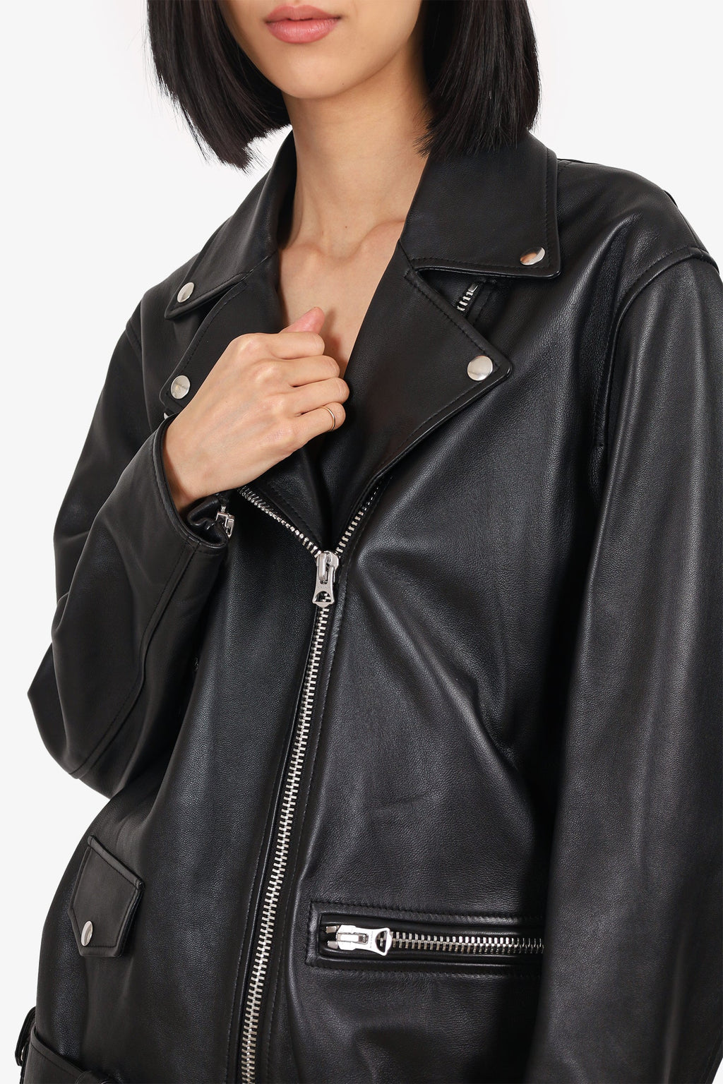Acne Black Leather Oversized Biker Jacket Size 34