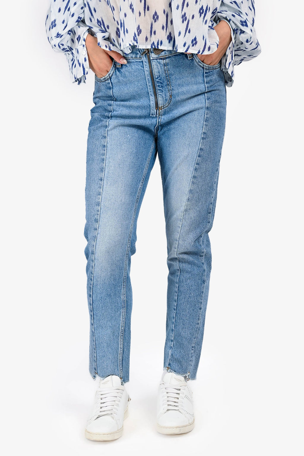 Sandro Light Blue Denim Panel Detailed Zip Jeans Size 40