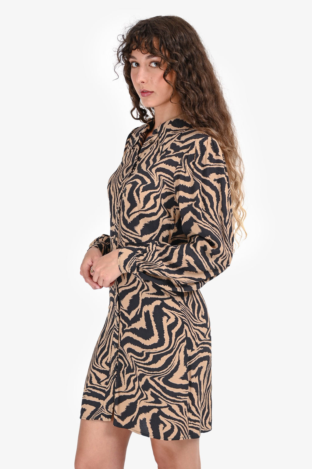 Ganni Brown Zebra Button Down Long Sleeves Collared Mini Dress Size 36