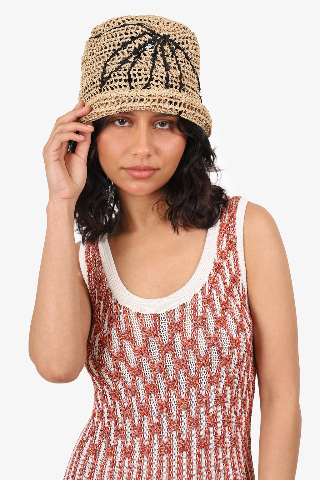 Brunello Cucinelli Beige Raffia Sequin Bucket Hat Size M