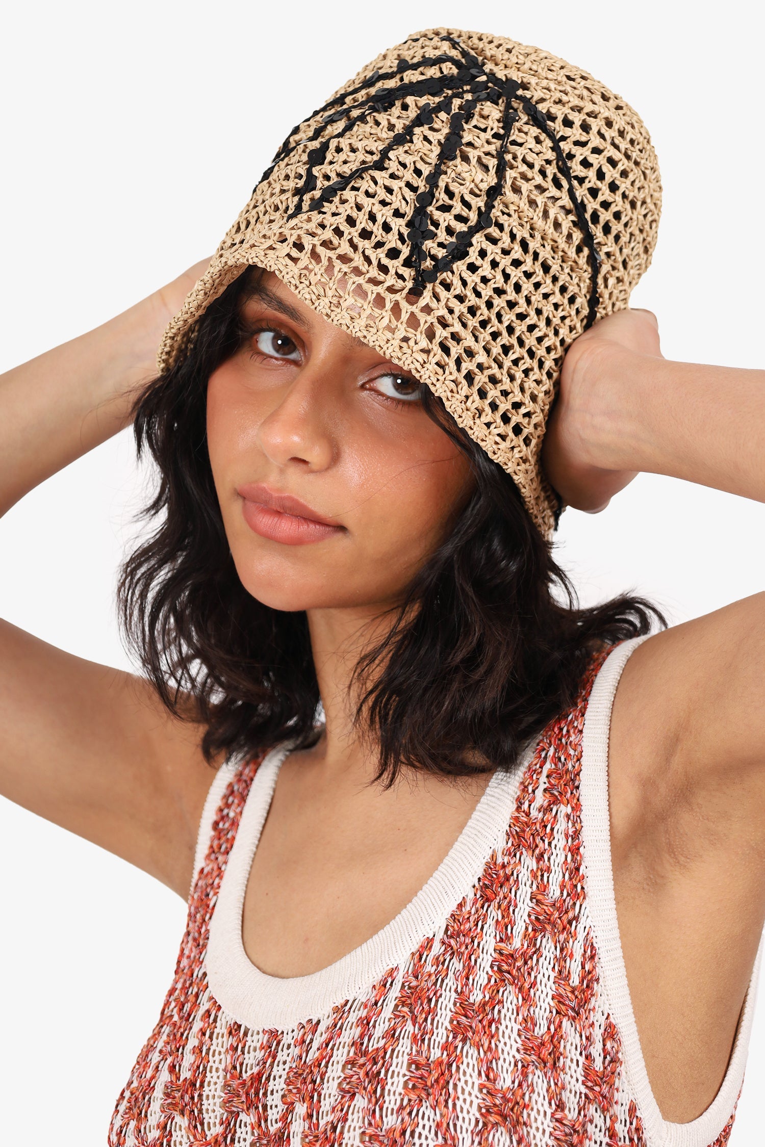 Brunello Cucinelli Beige Raffia Sequin Bucket Hat Size M